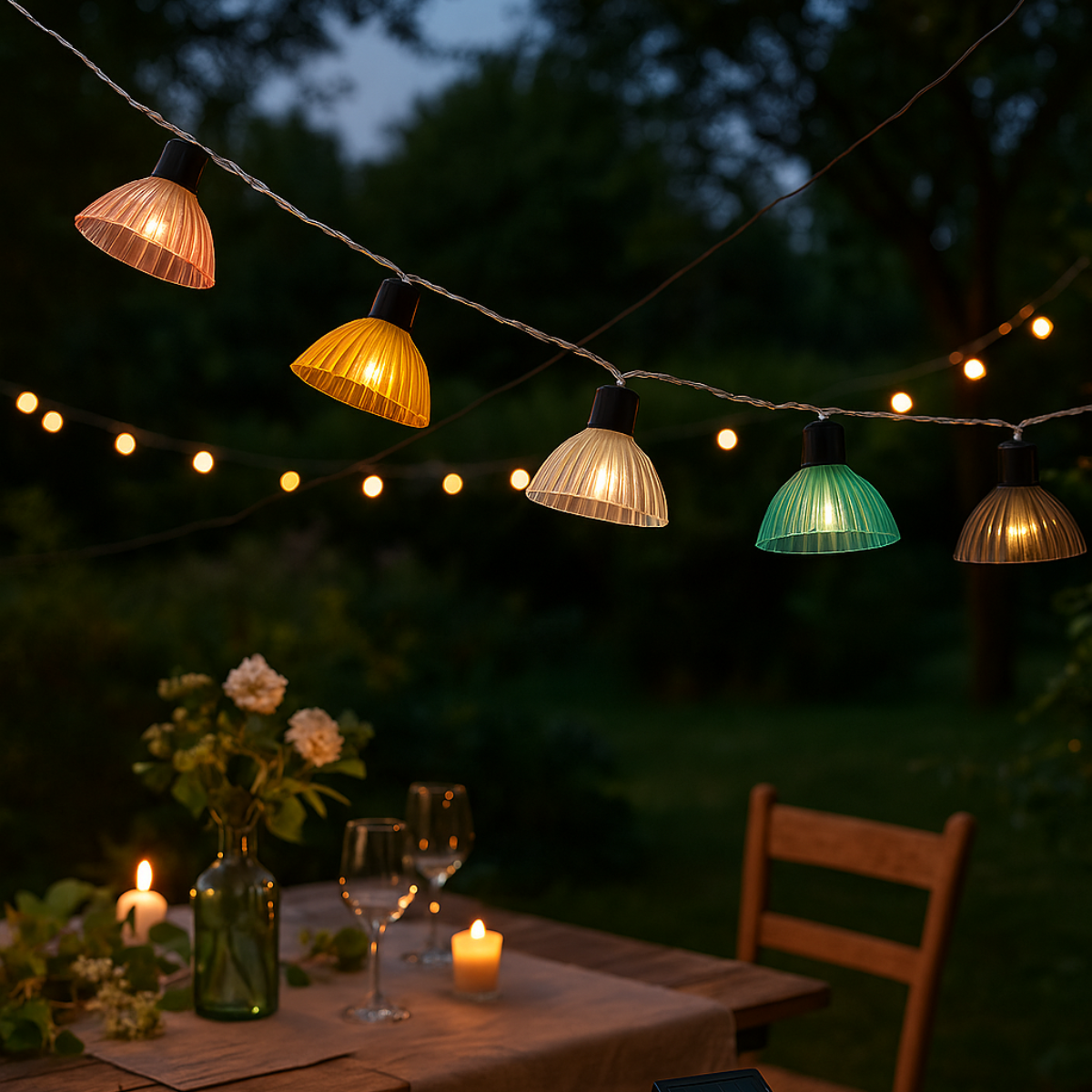 Slingerlichtjes met kleurrijke lampen hangen boven een tafel met kaarsen, glazen en bloemen.