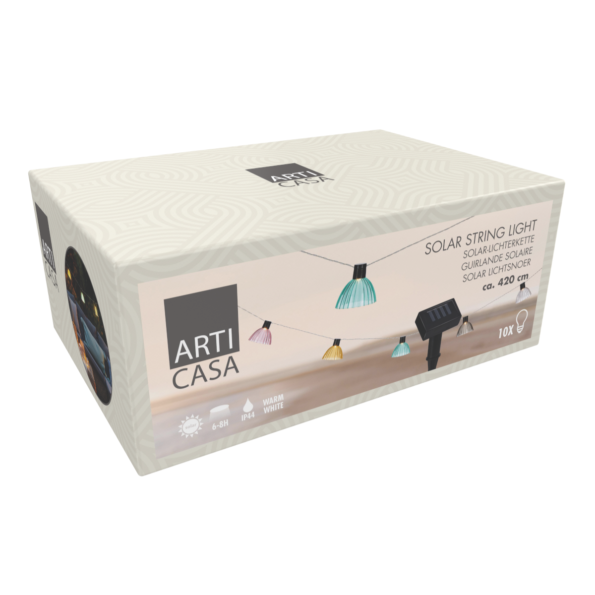 Een doos met solar lichtslingers. De doos is wit en heeft de merknaam "ARTI CASA".