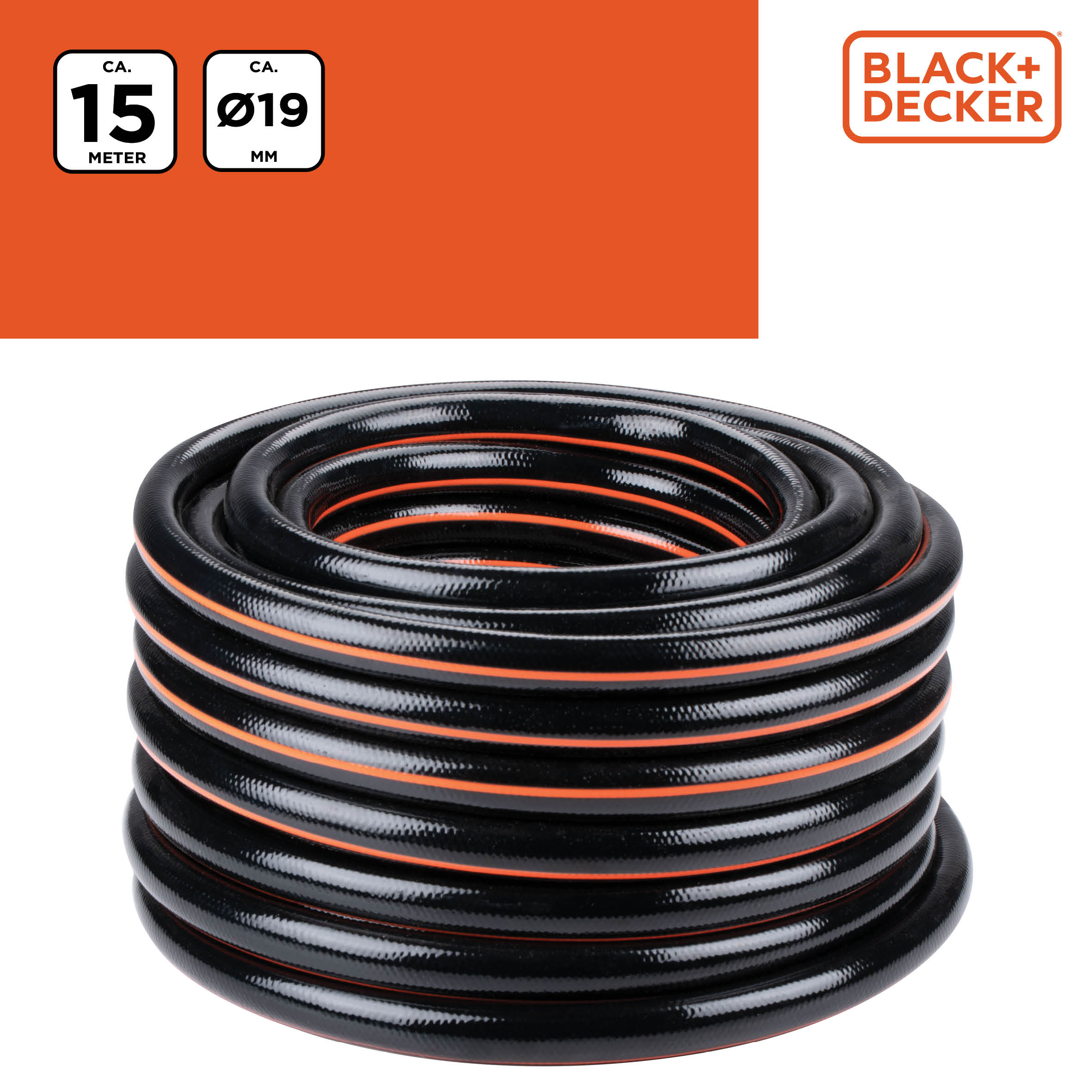 Black and orange Black+Decker garden hose on an orange background.