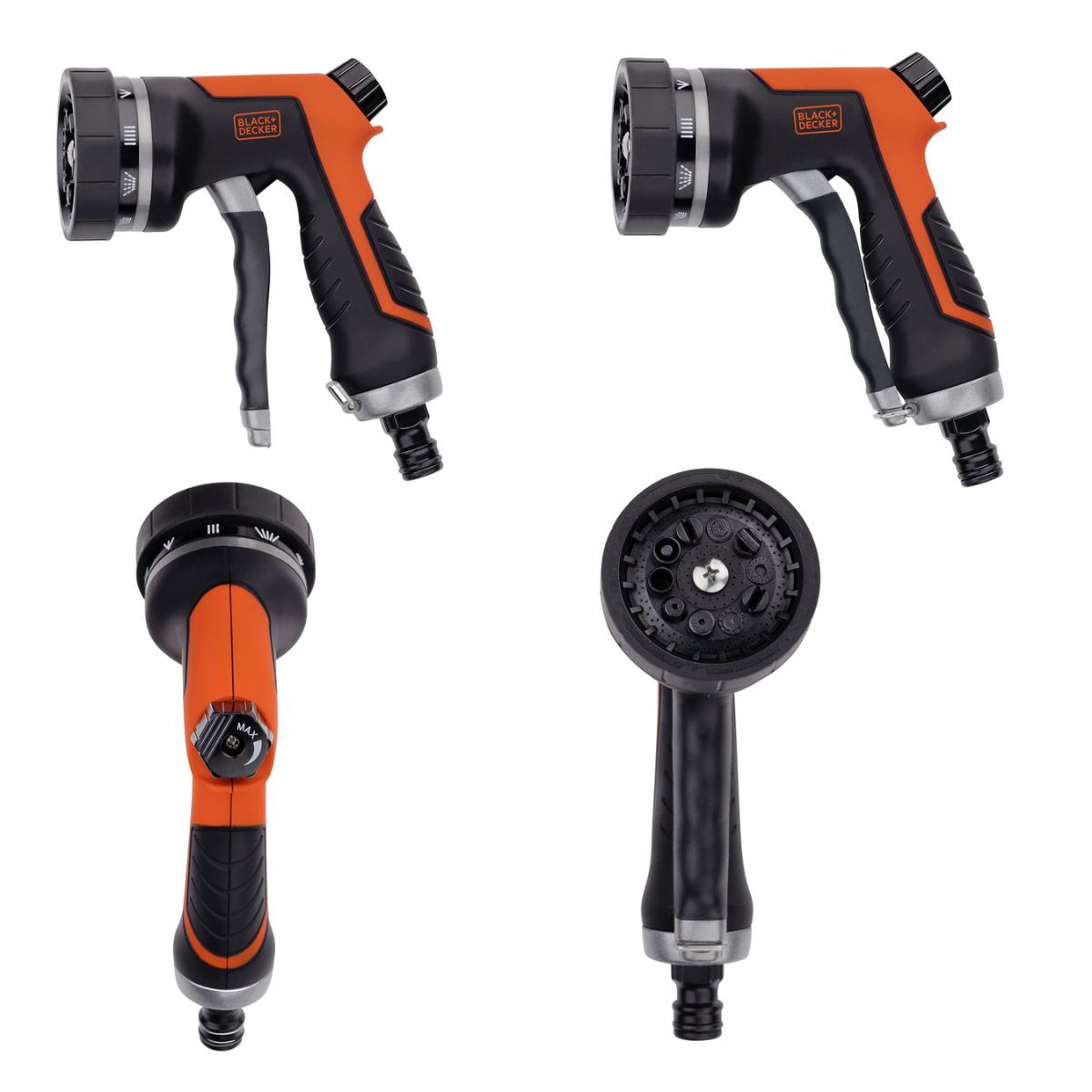 Vier aanzichten van oranje en zwarte Black+Decker tuinsproeiers.