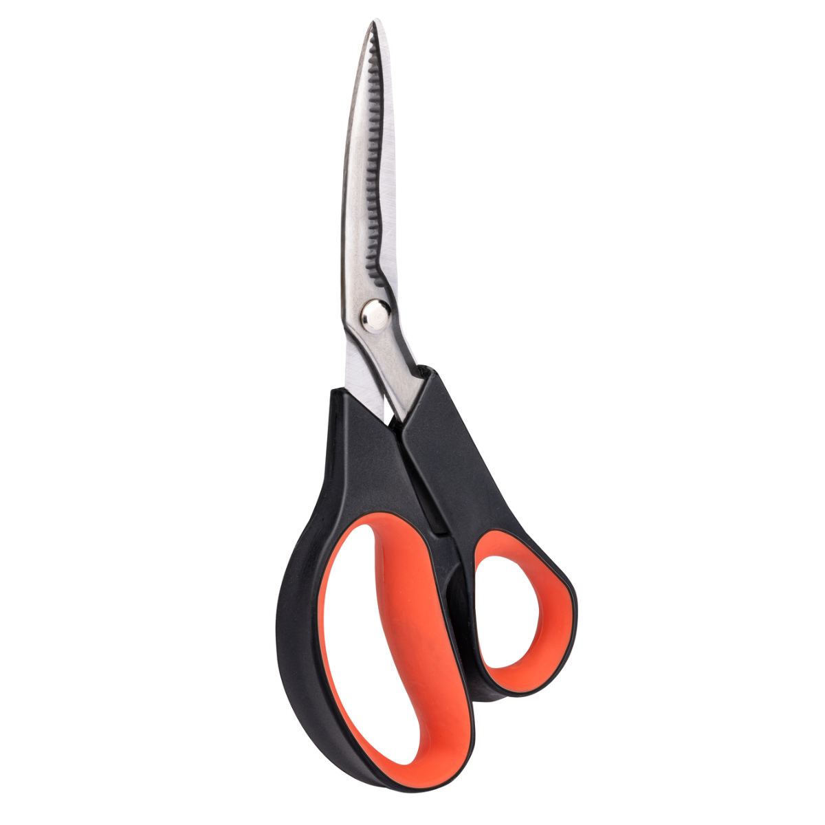 Pair of black and orange kitchen shears, open and angled. White background.
