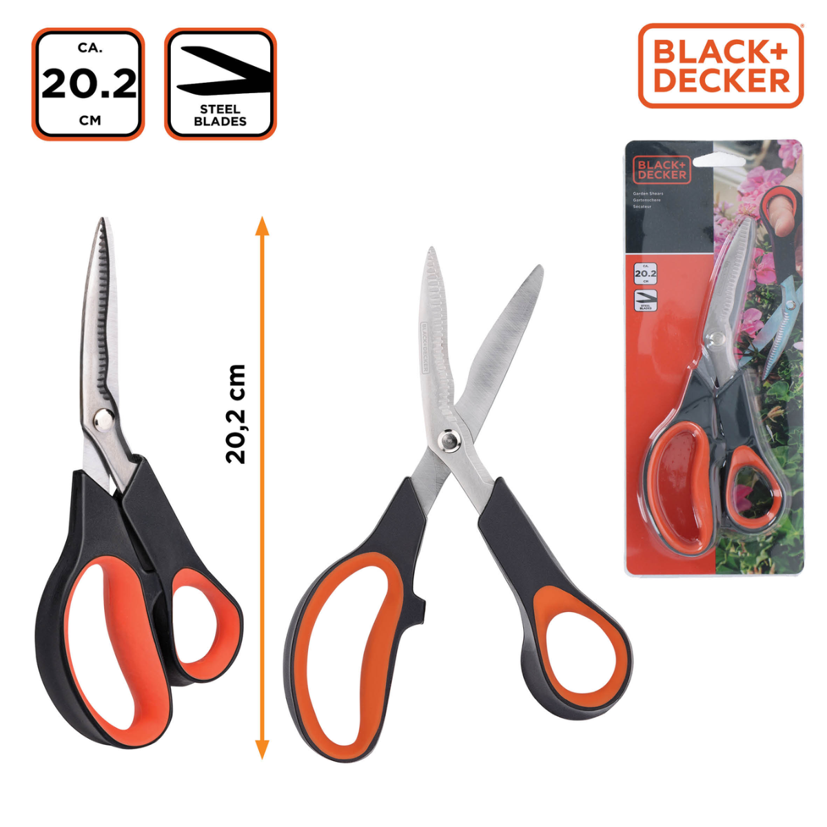 Black and orange shears with three views, and a Black + Decker package.
