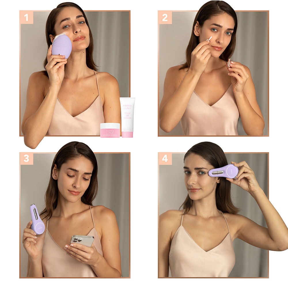 Four images of a woman using skincare products: cleansing, applying cream, using a device and eye treatment.
