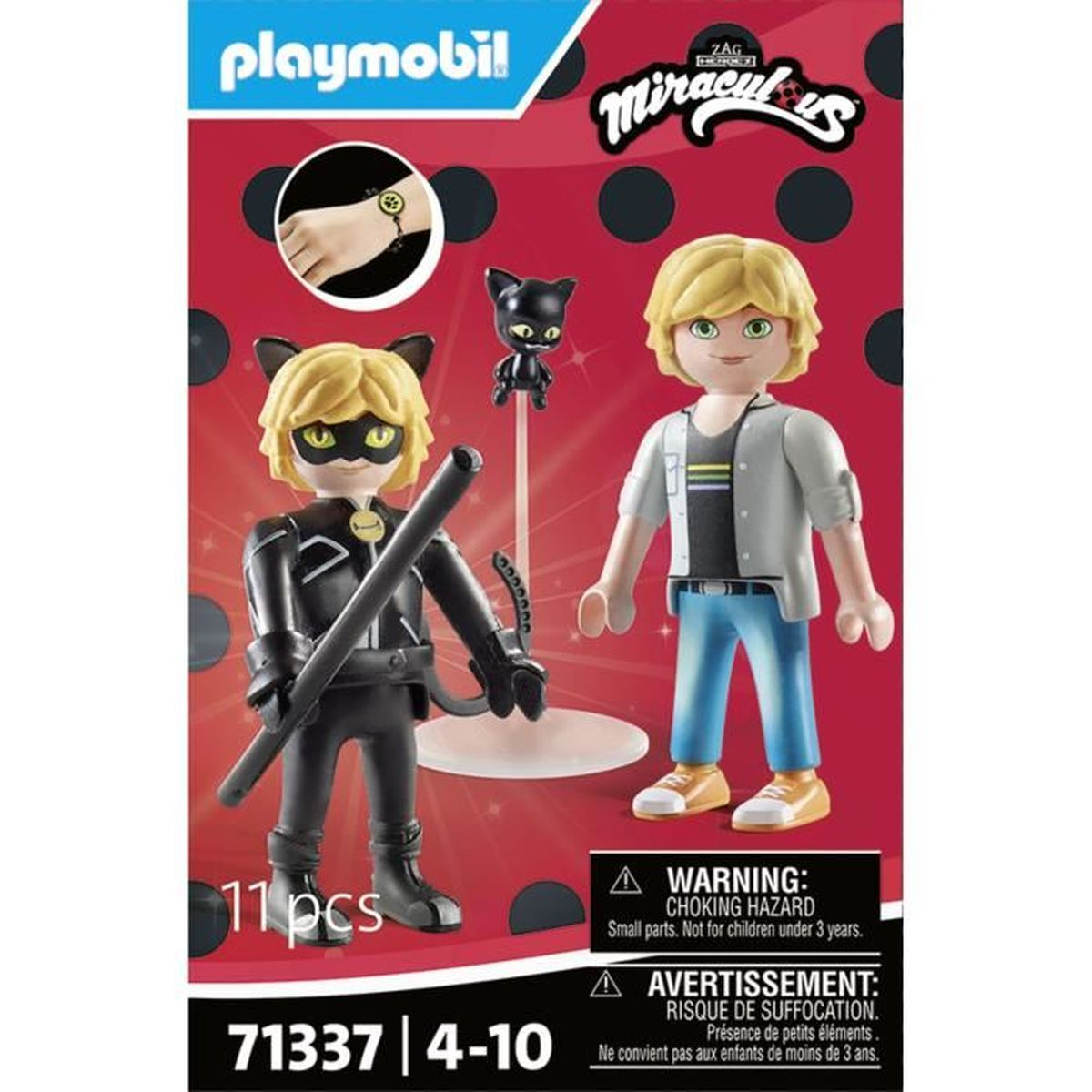 Playmobil-Box mit Figuren von Cat Noir und Adrien Agreste mit einem schwarzen Katzenspielzeug.
