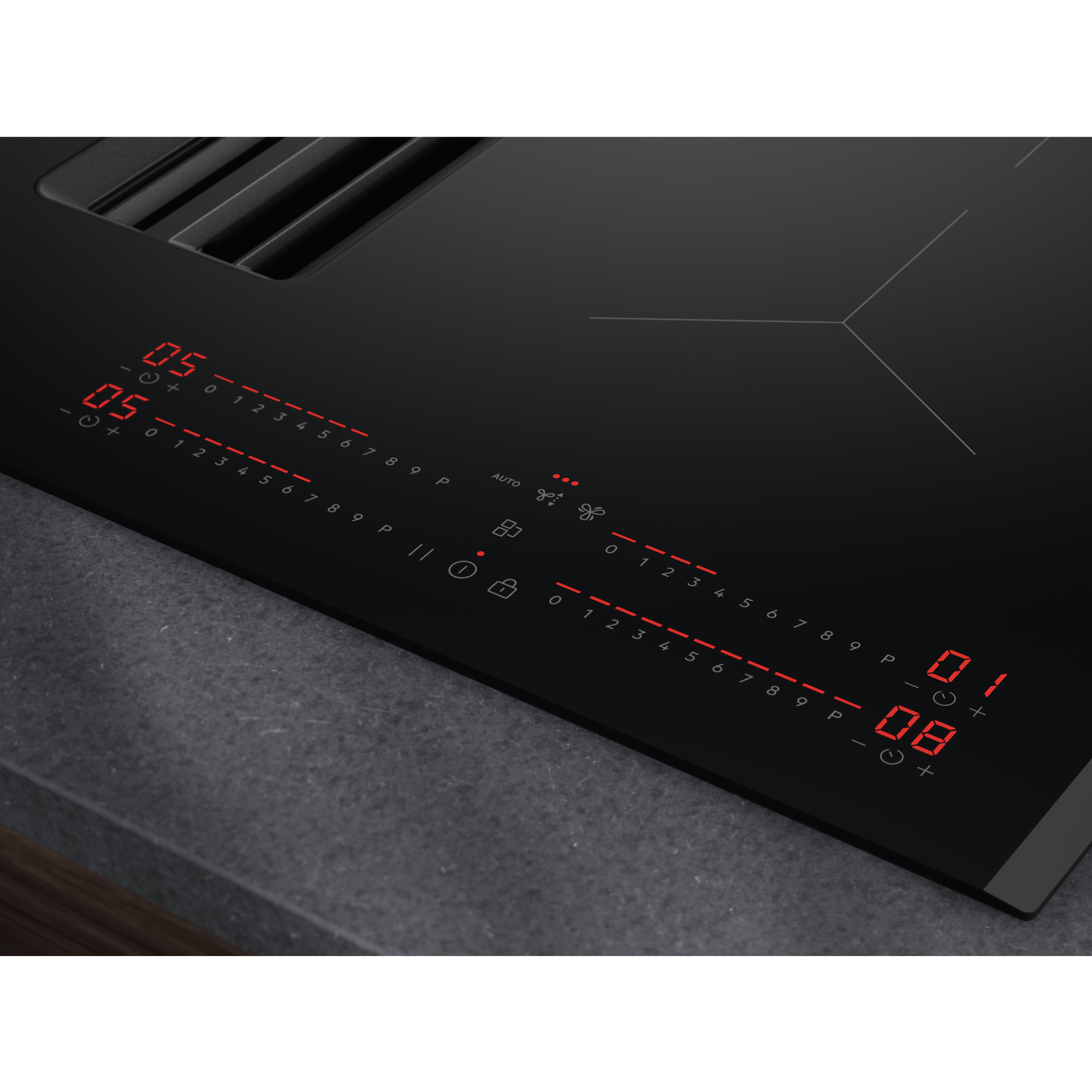 Piano cottura elettrico nero. Controlli touch con illuminazione rossa. I numeri 0-9 sono visibili, insieme ad altri simboli.