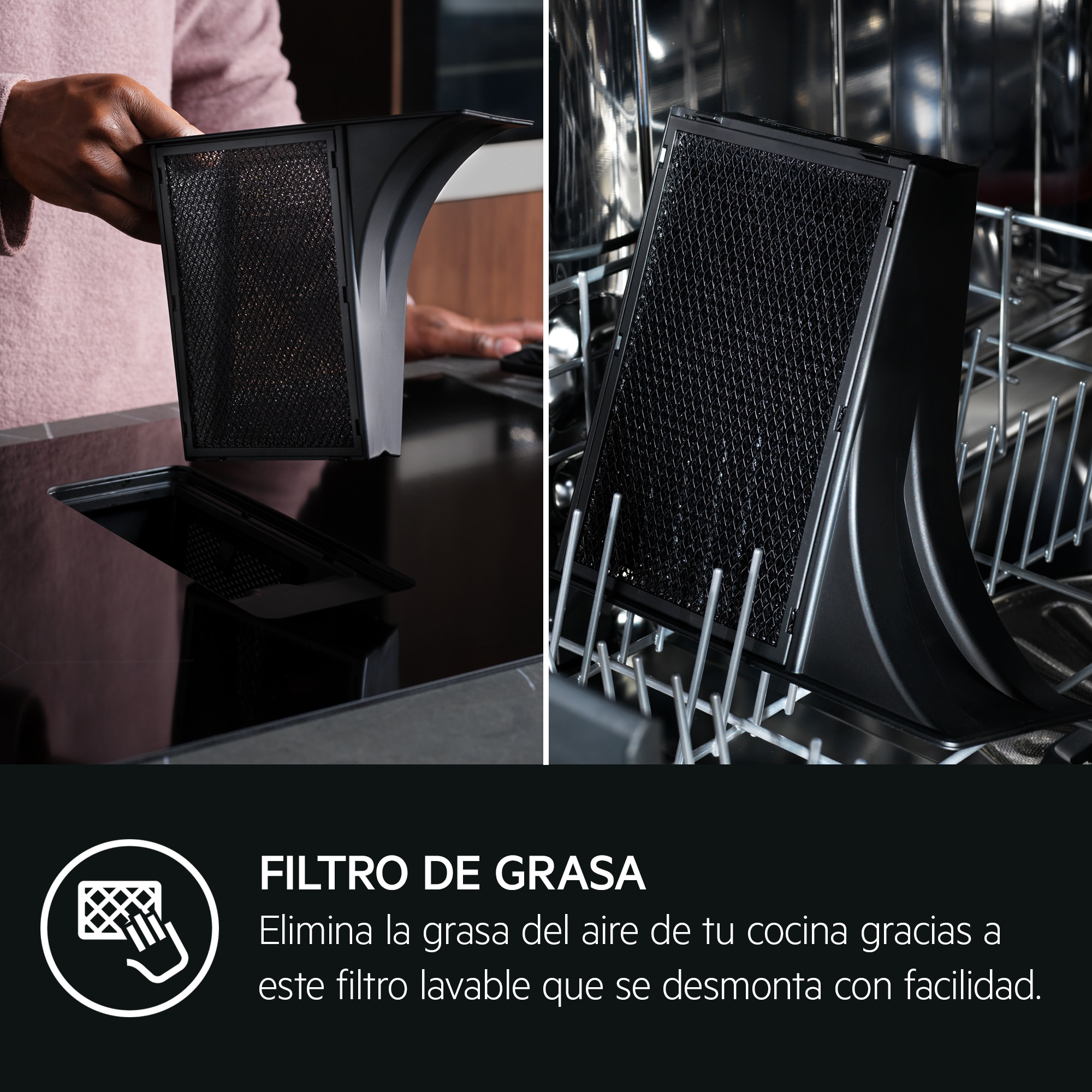 Due immagini, una di una persona che tiene un filtro nero e l'altra del filtro in una lavastoviglie.