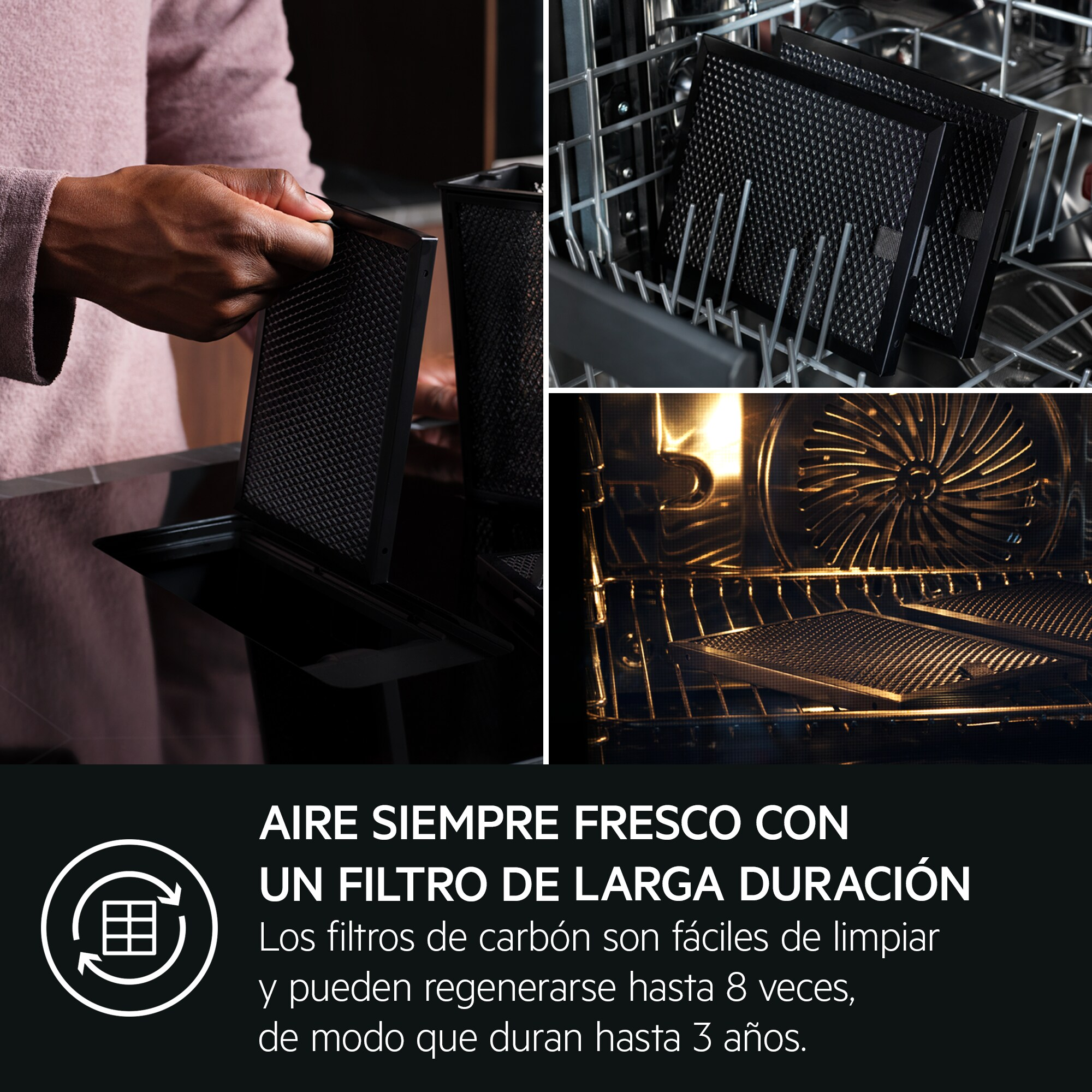 Handen houden een zwart filter vast. 3 afbeeldingen tonen filters voor oven en vaatwasser.
