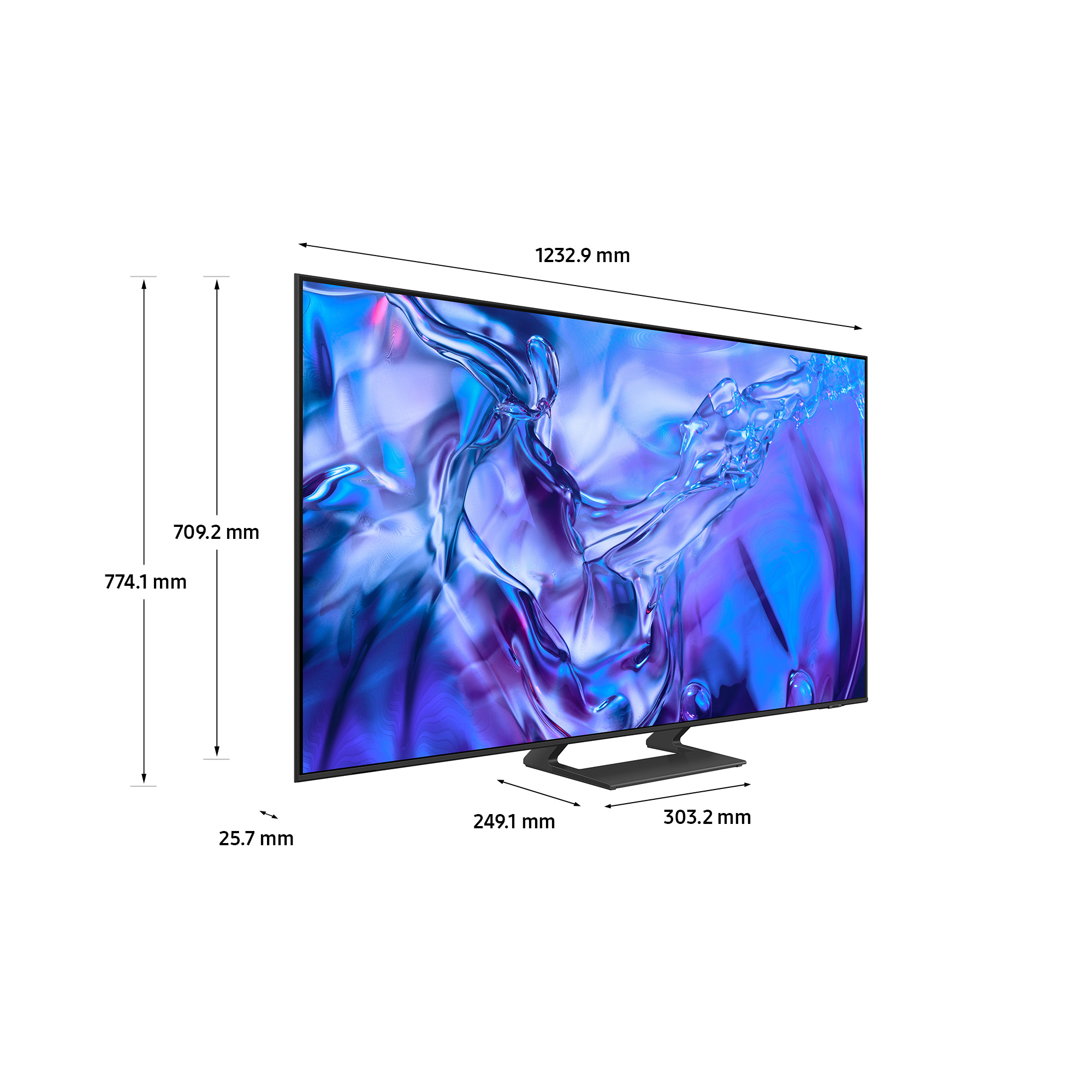 Un grande televisore a schermo piatto con cornice nera, che mostra un'immagine blu e viola.