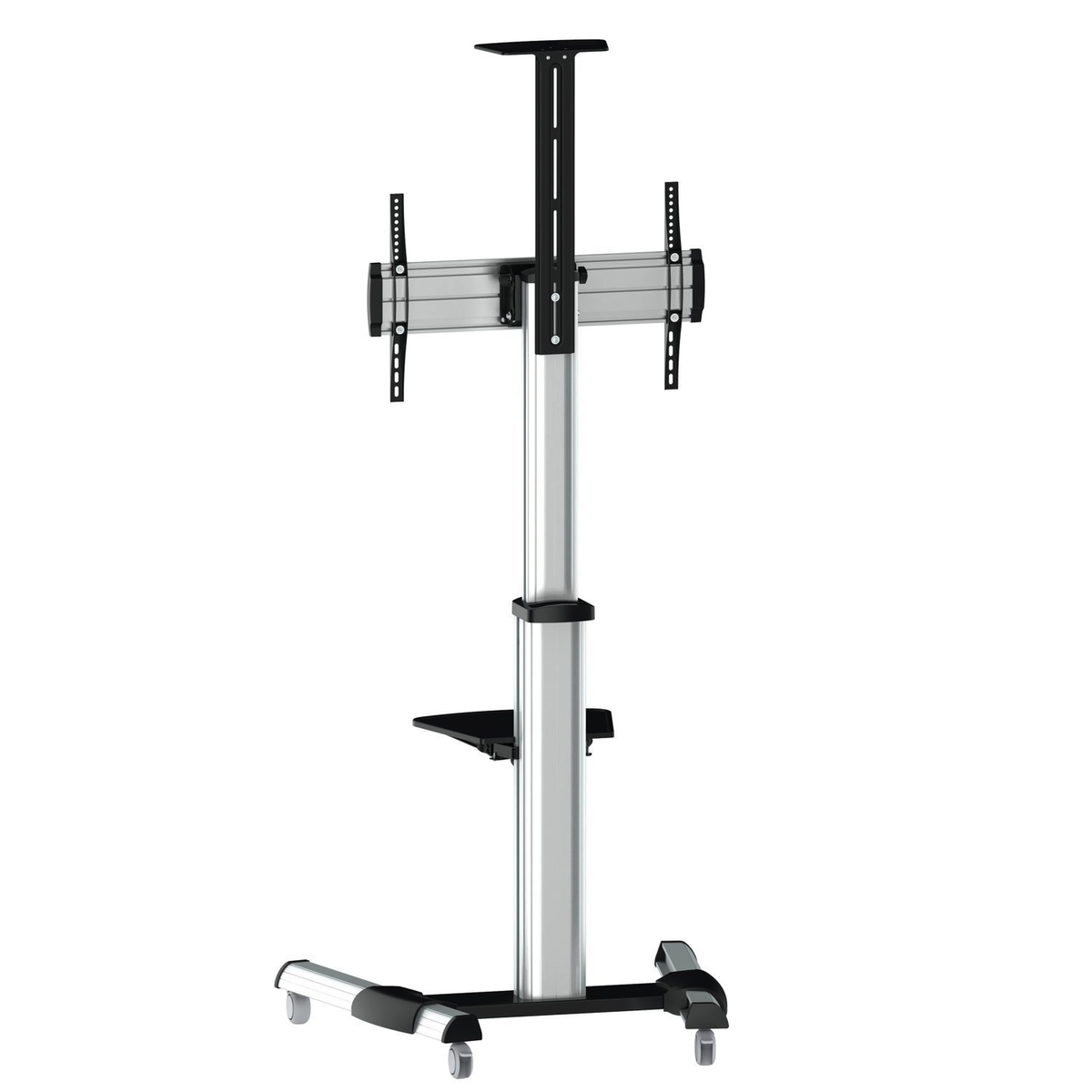 Supporto TV argento e nero con ruote.