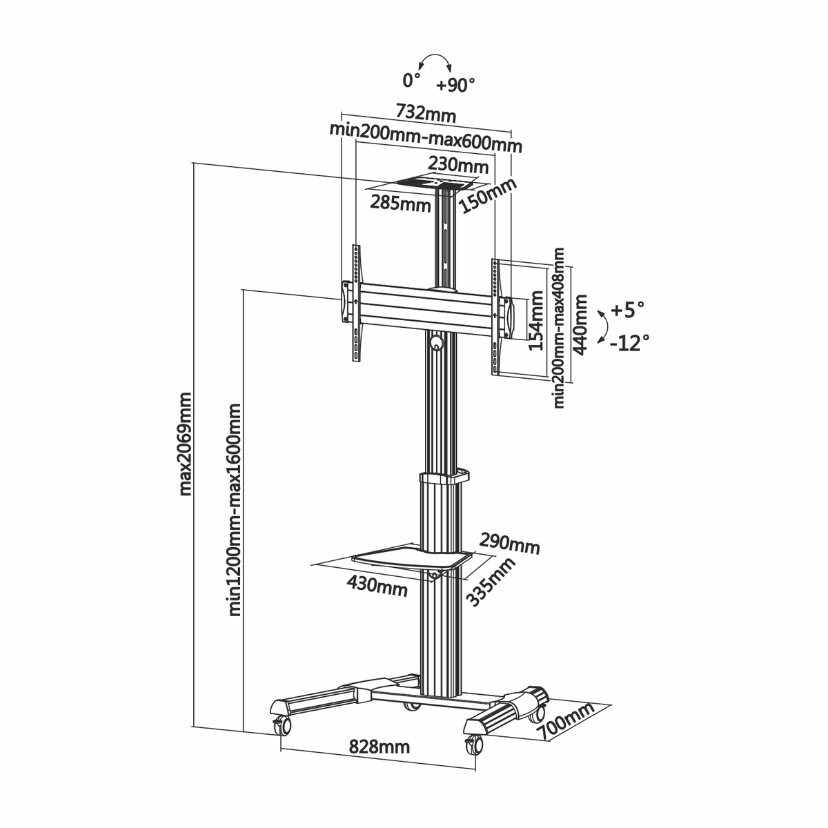 Diagramma che mostra un supporto TV con dimensioni e misure.
