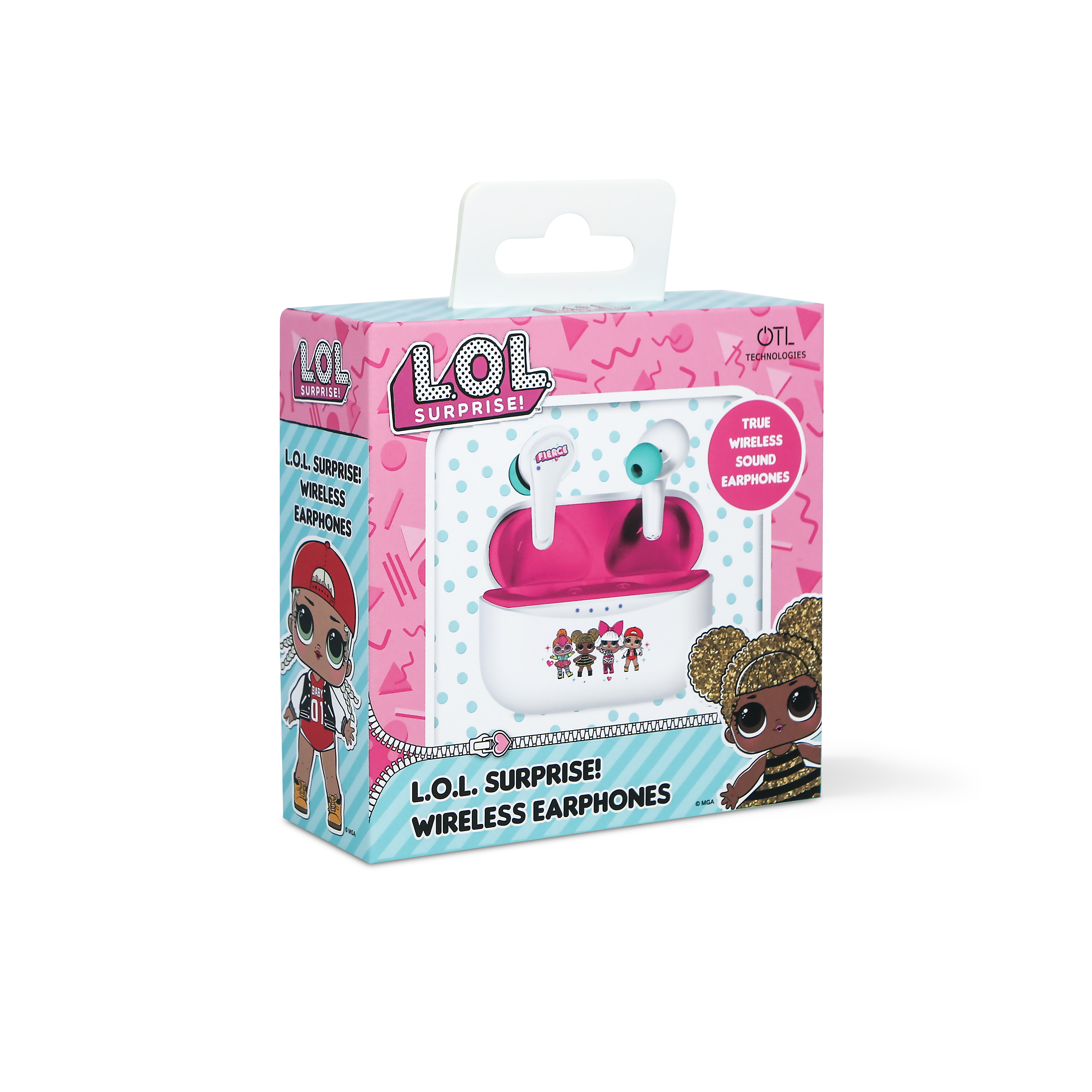 Różowe pudełko słuchawek bezprzewodowych LOL Surprise. Białe słuchawki w środku. Kolorowy design. Białe tło.