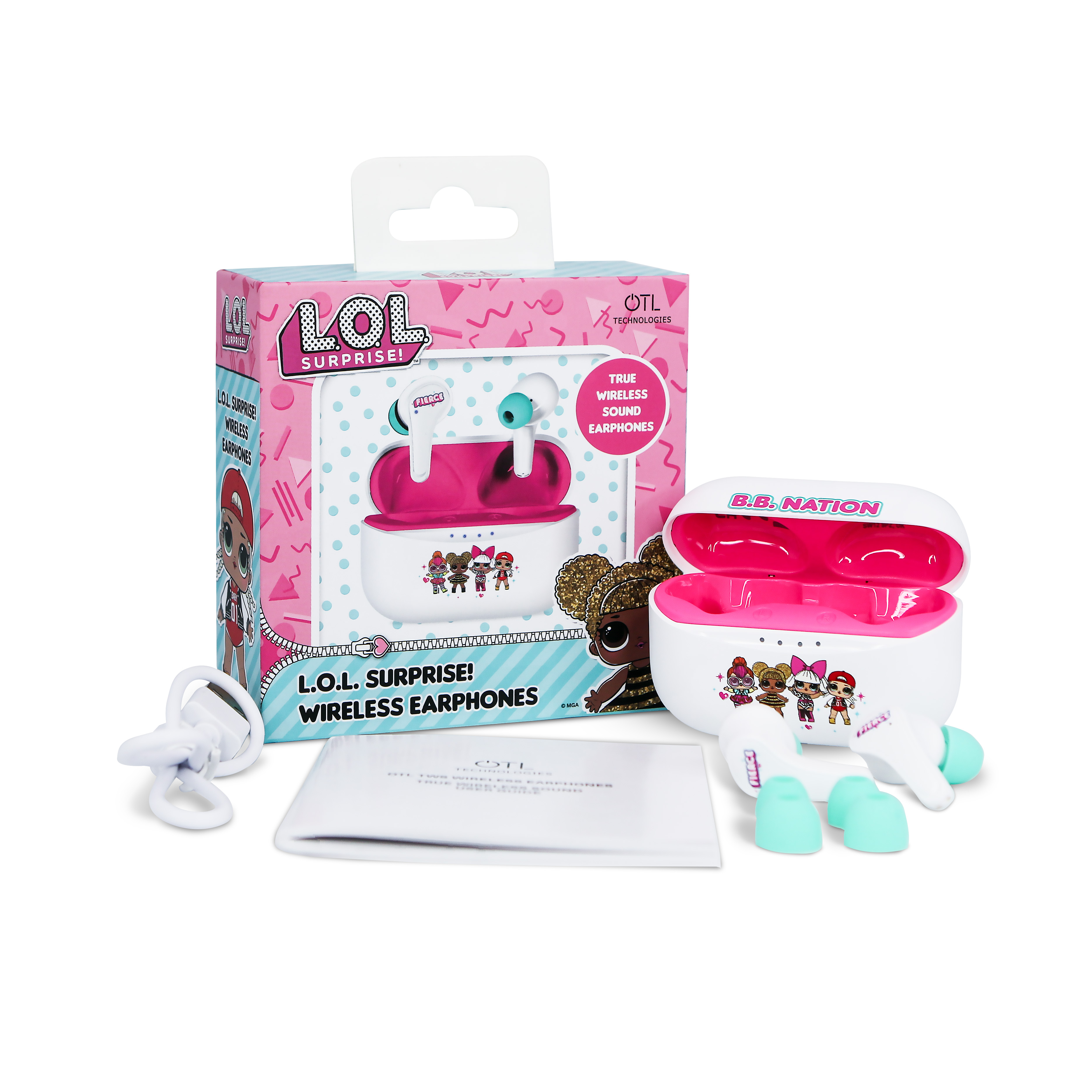 Bezprzewodowe słuchawki i etui ładujące L.O.L. Surprise!. Pudełko jest również widoczne z tekstem i grafiką.