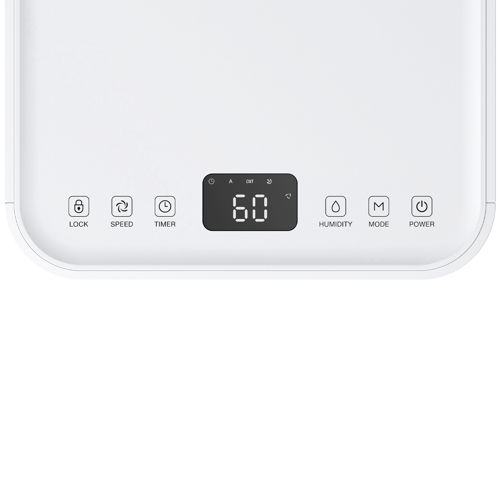 Entfeuchter-Bedienfeld. Anzeige zeigt 60. Tasten für Sperre, Geschwindigkeit, Timer und Modus.