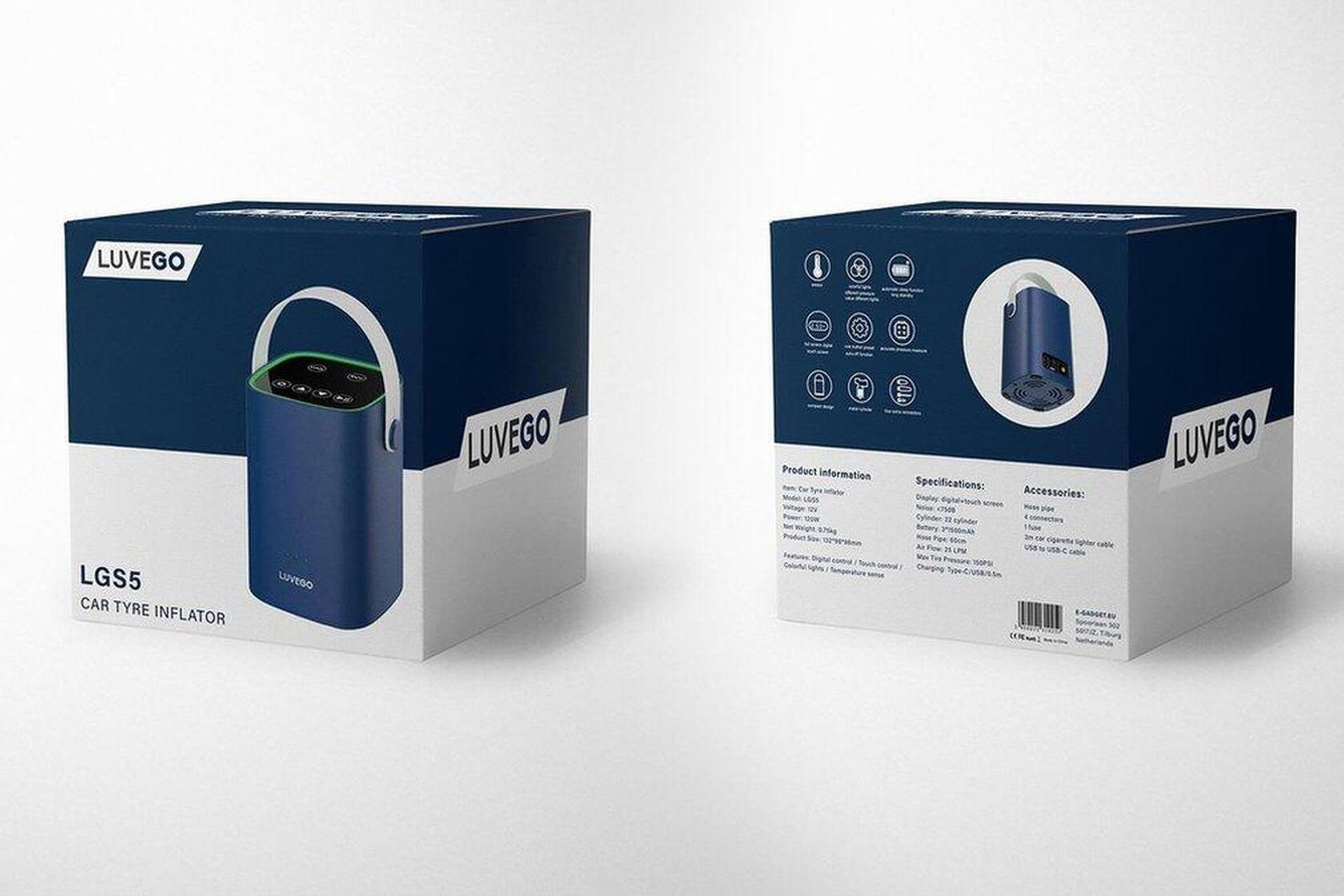 Blauwe en witte doos met een blauwe autobandpomp. De doos bevat productinformatie en accessoires.
