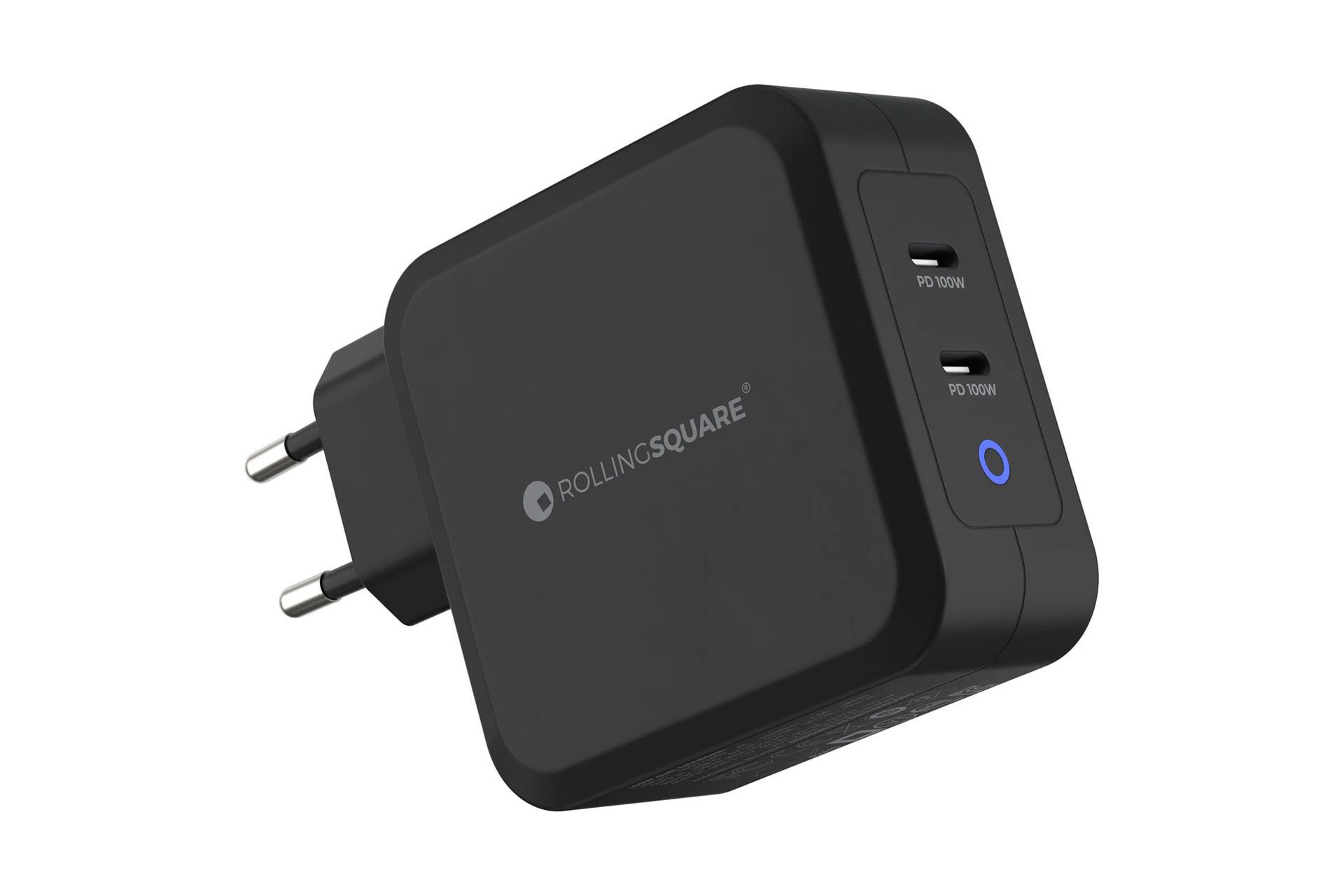 Zwarte voedingsadapter met twee USB-C poorten, Rolling Square logo en blauw licht.