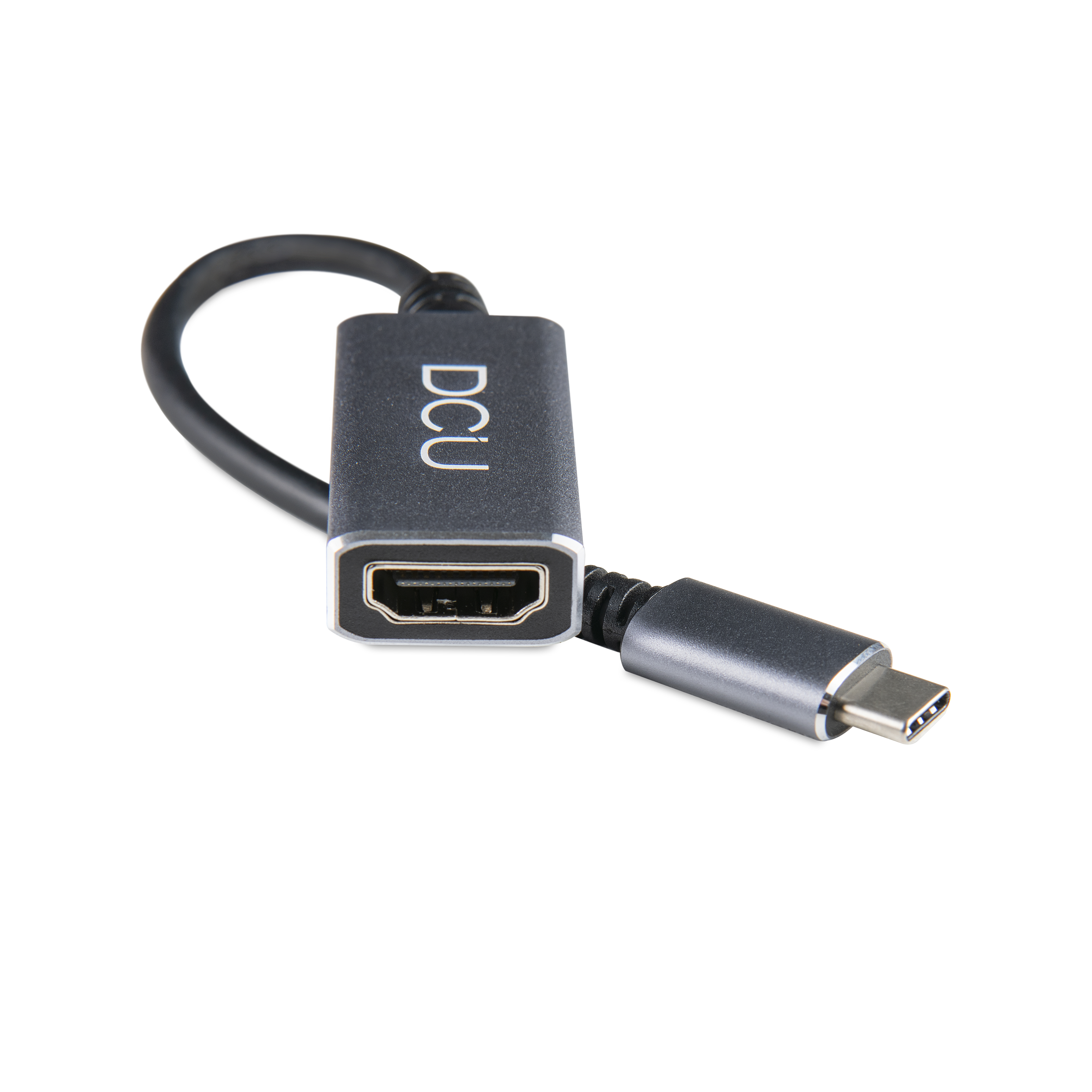 Un cable adaptador HDMI a USB-C gris oscuro, en ángulo hacia la derecha.