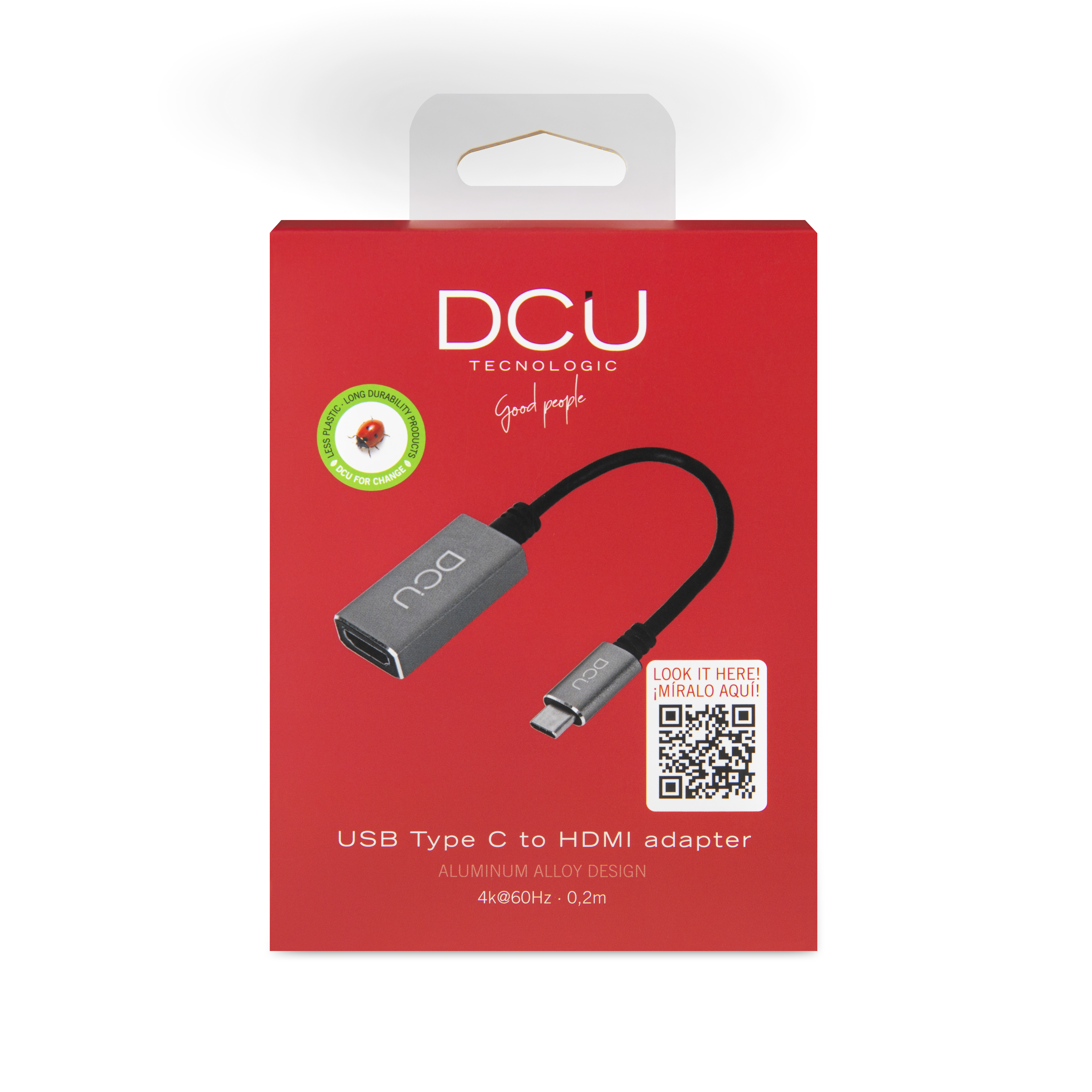 Una caja roja con un adaptador USB-C a HDMI. La caja tiene un logotipo y detalles del producto.