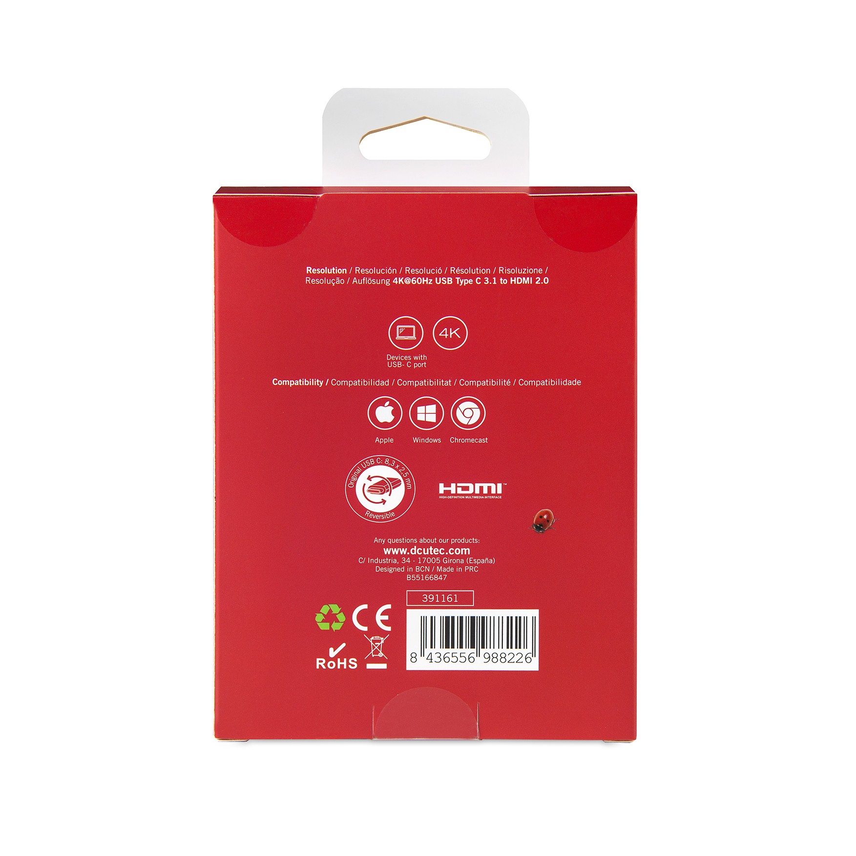 Caja roja con colgador blanco. Texto en la caja: 4K, USB C, HDMI. La parte trasera muestra el logo.