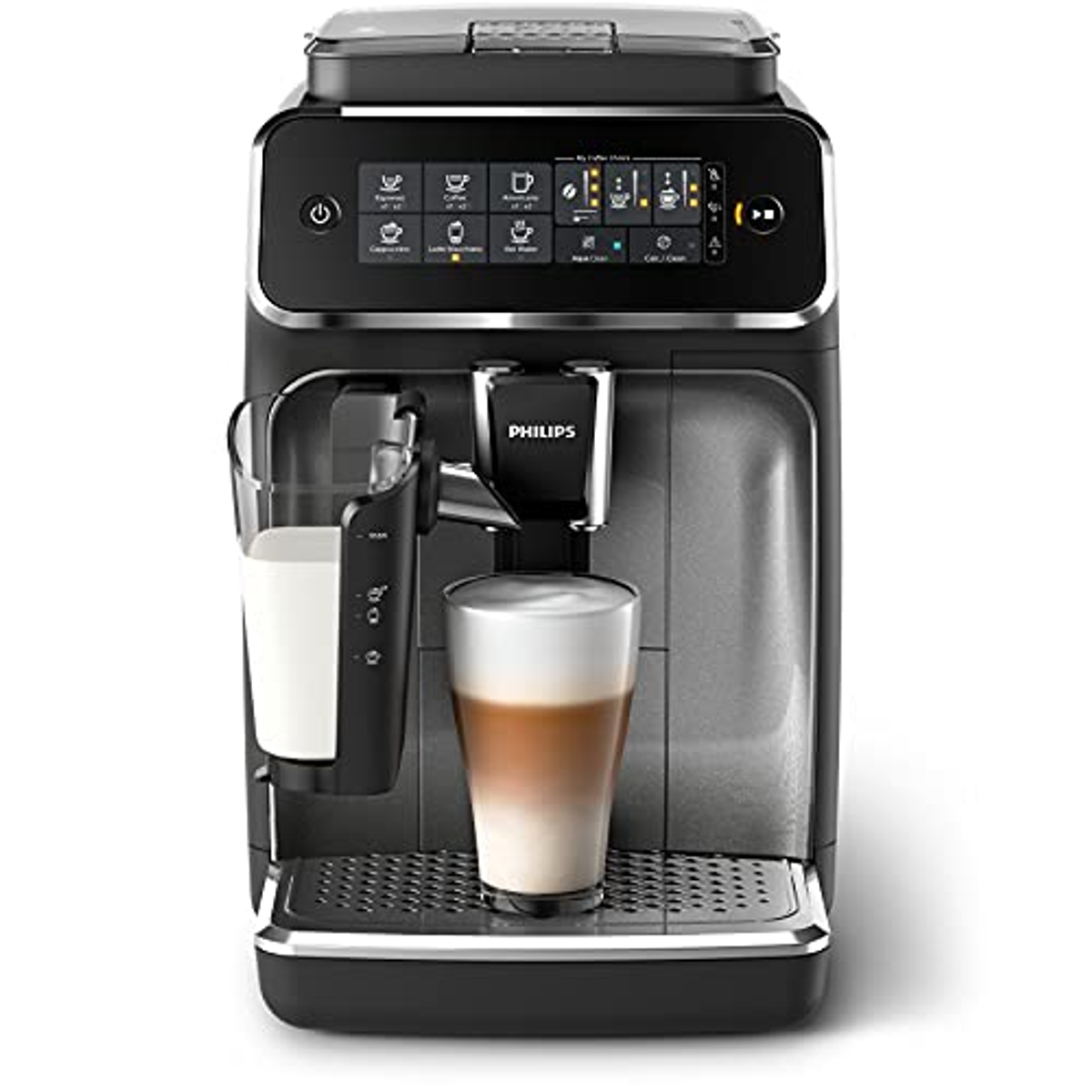 Philips kahve makinesi, siyah ve bir bardak latte ile.