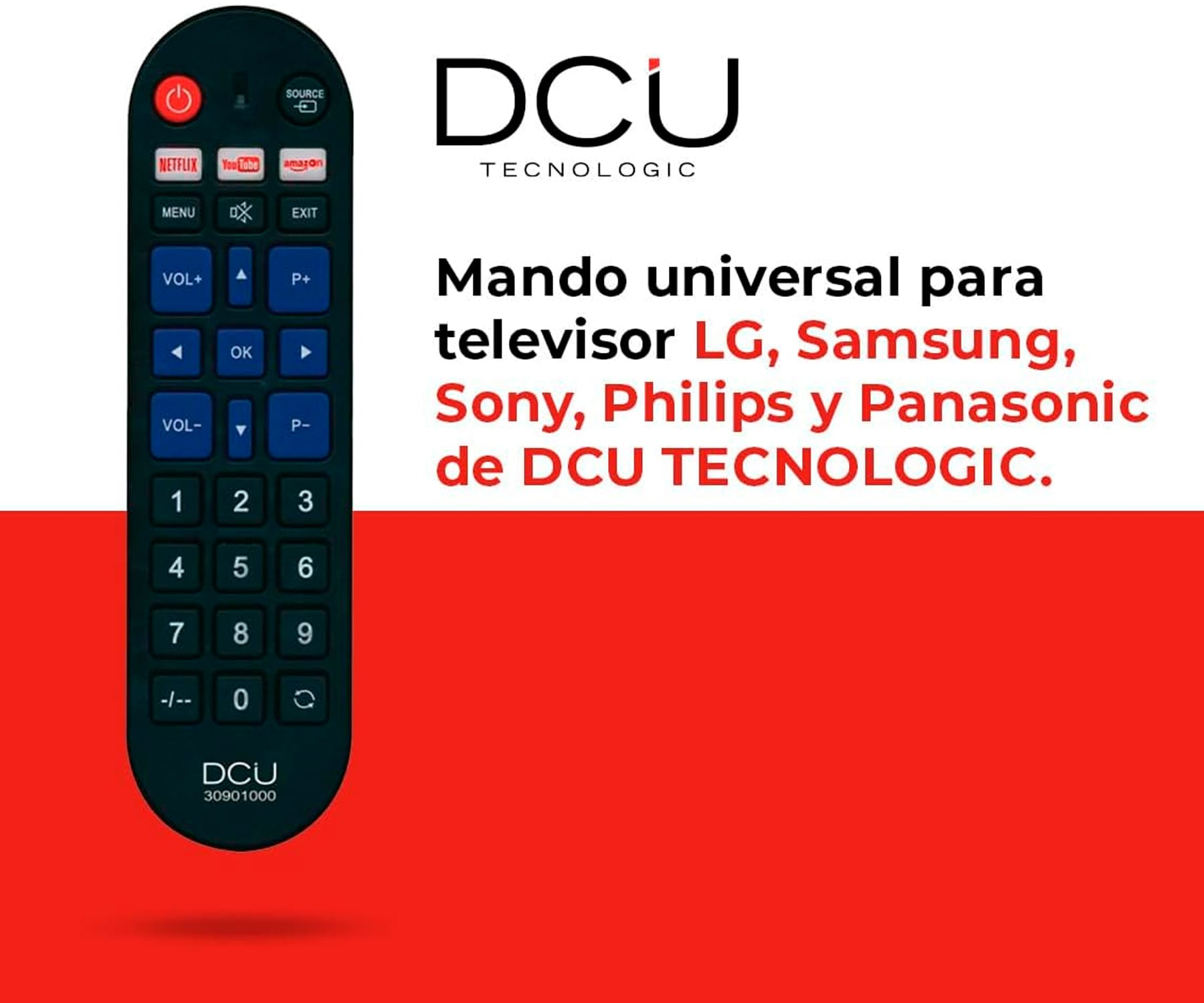Control remoto universal con muchos botones, fondo rojo.