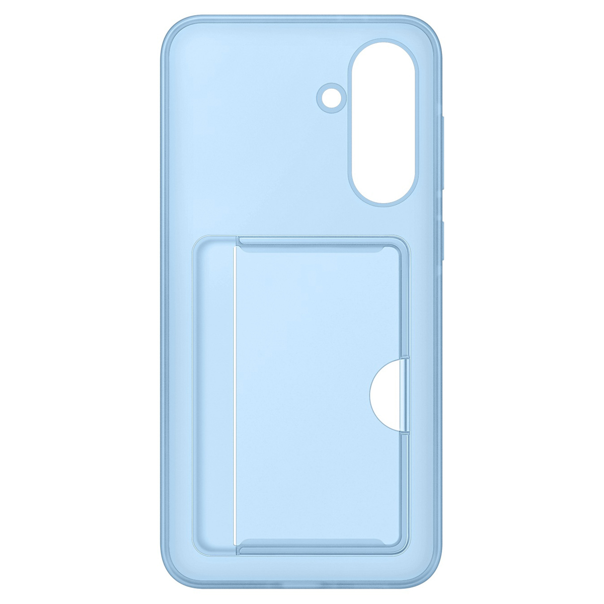 Una funda de teléfono azul claro con ranura para tarjetas, aislada sobre fondo blanco.