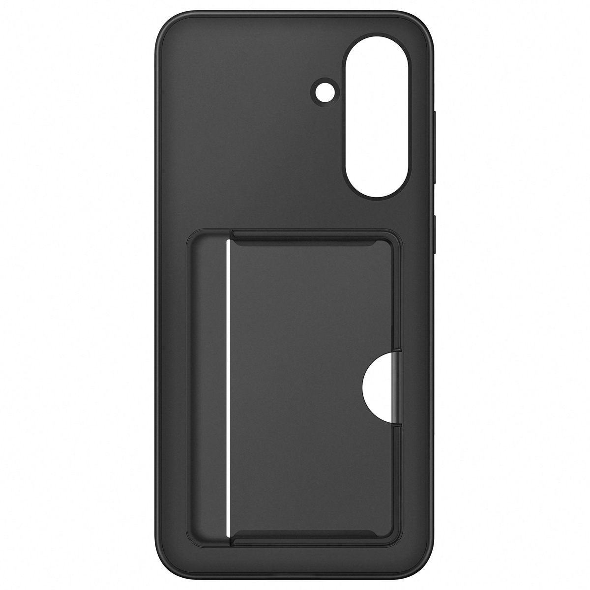 Coque de téléphone noire avec fente pour carte, isolée sur fond blanc.