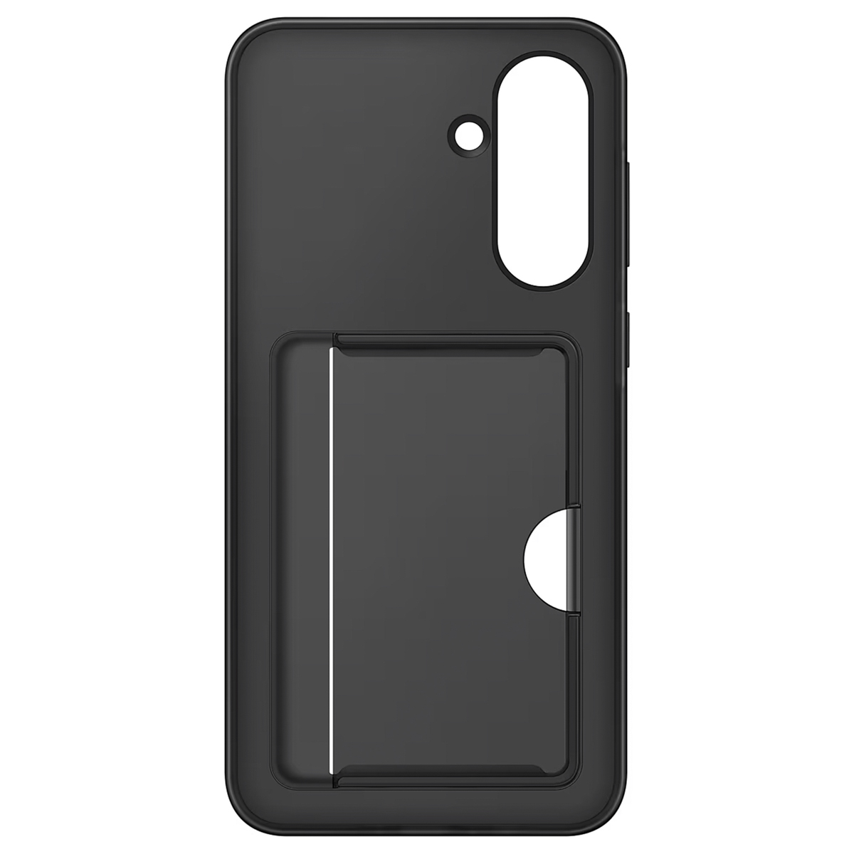 Custodia nera per telefono con fessura per carte. Fori per fotocamera e tasti.