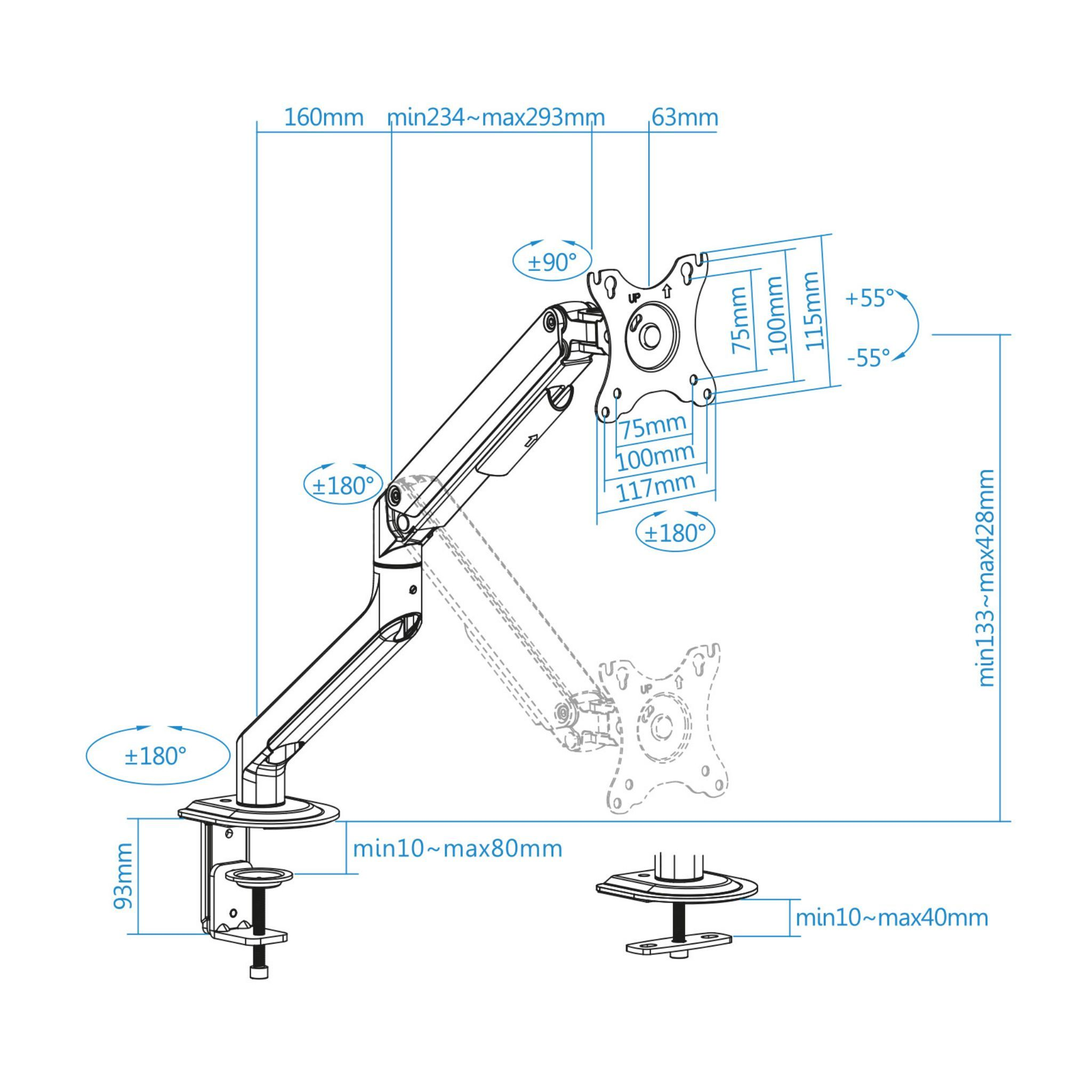 Dibujo técnico de un brazo para monitor con dimensiones y características ajustables.