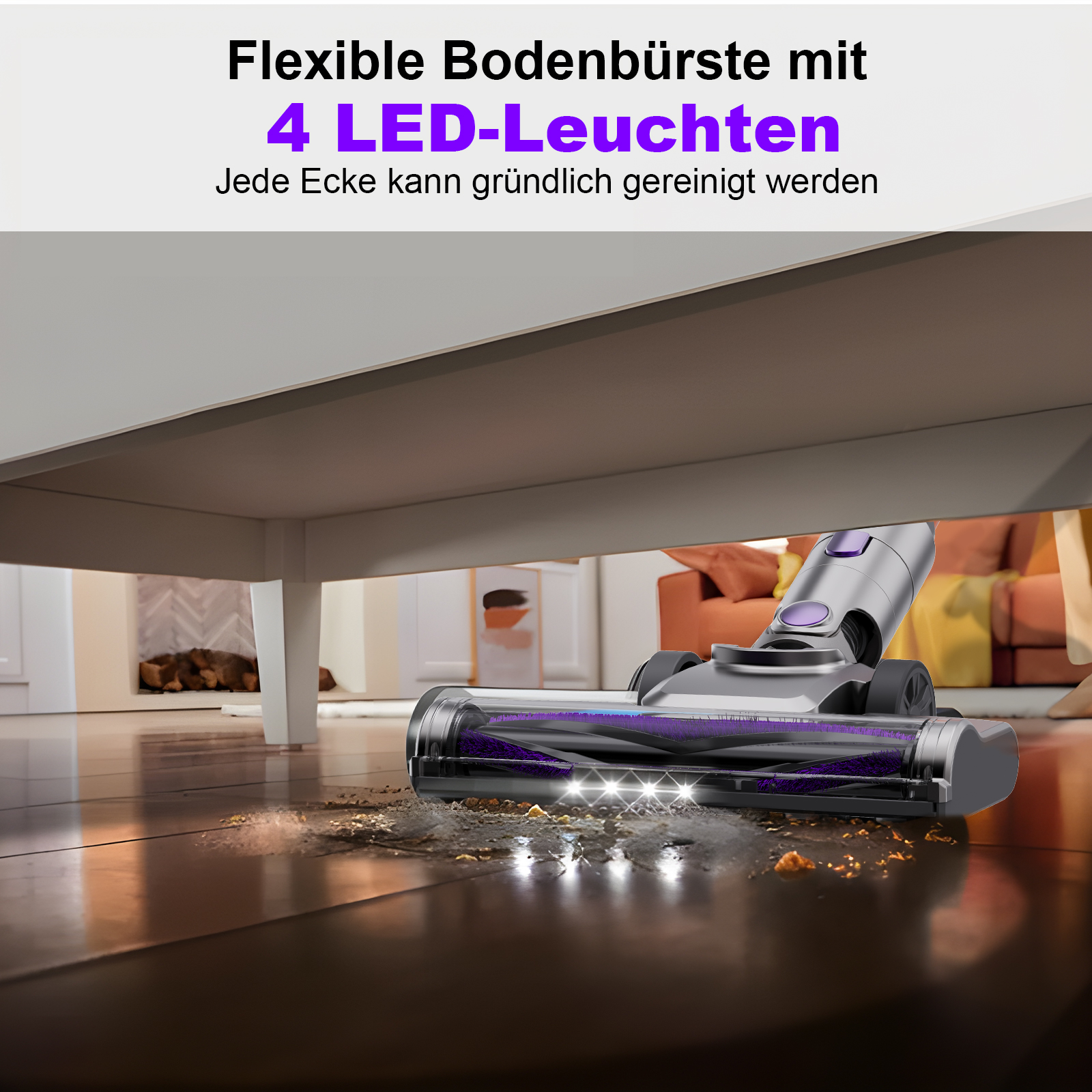 Vakuumkopf reinigt einen Boden, vier LED-Leuchten sind beleuchtet.