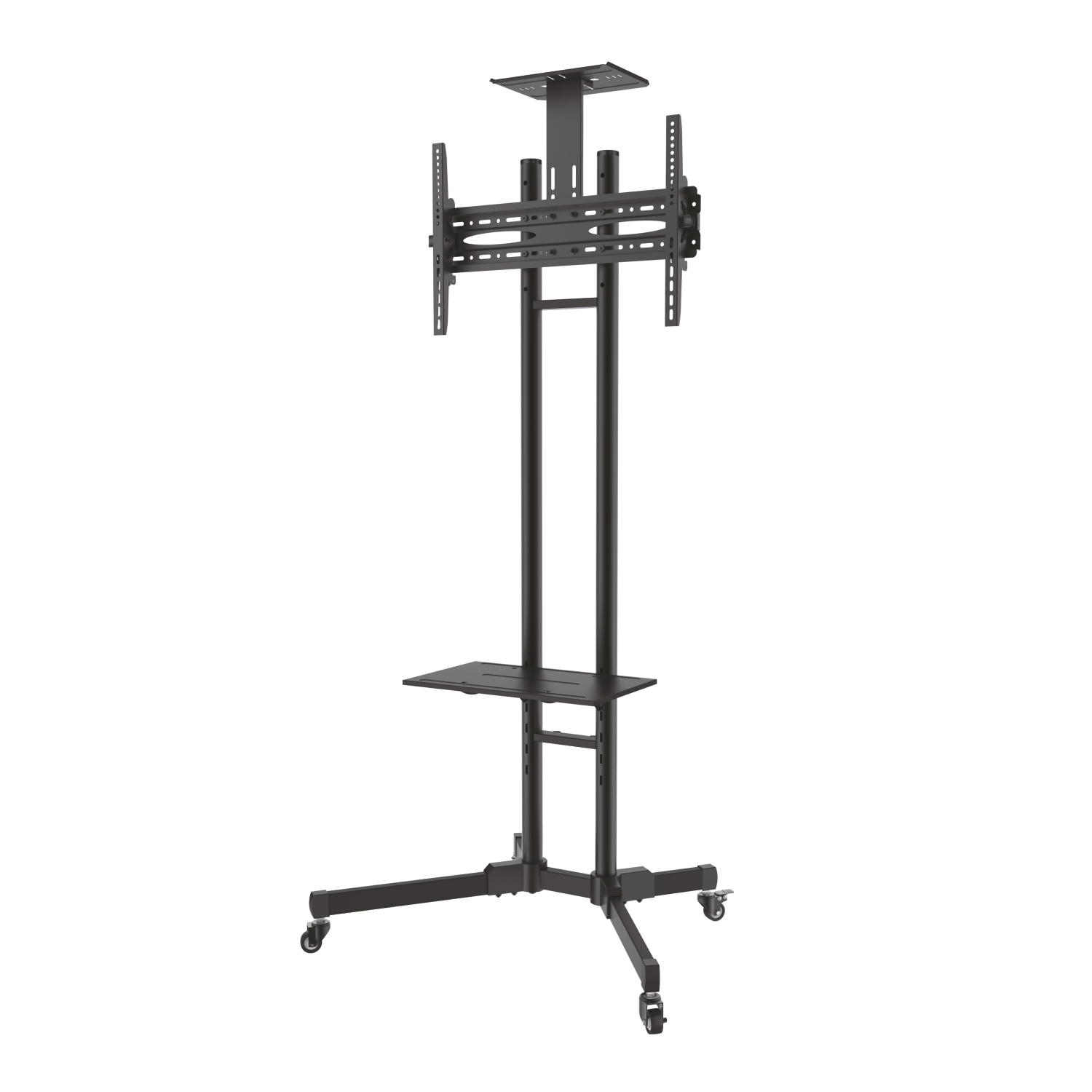 Un supporto TV nero con un supporto per display, un ripiano e una base con ruote.