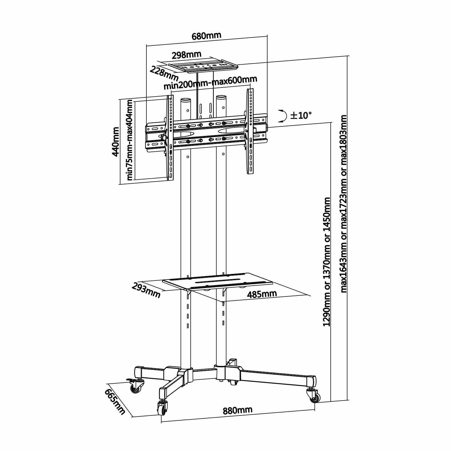 Soporte de TV con dimensiones y medidas, mostrando la estructura del soporte.