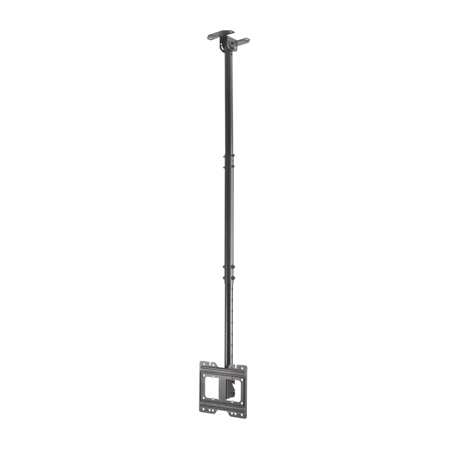 Supporto a soffitto in metallo nero. Palo regolabile con piastra di montaggio per uno schermo.