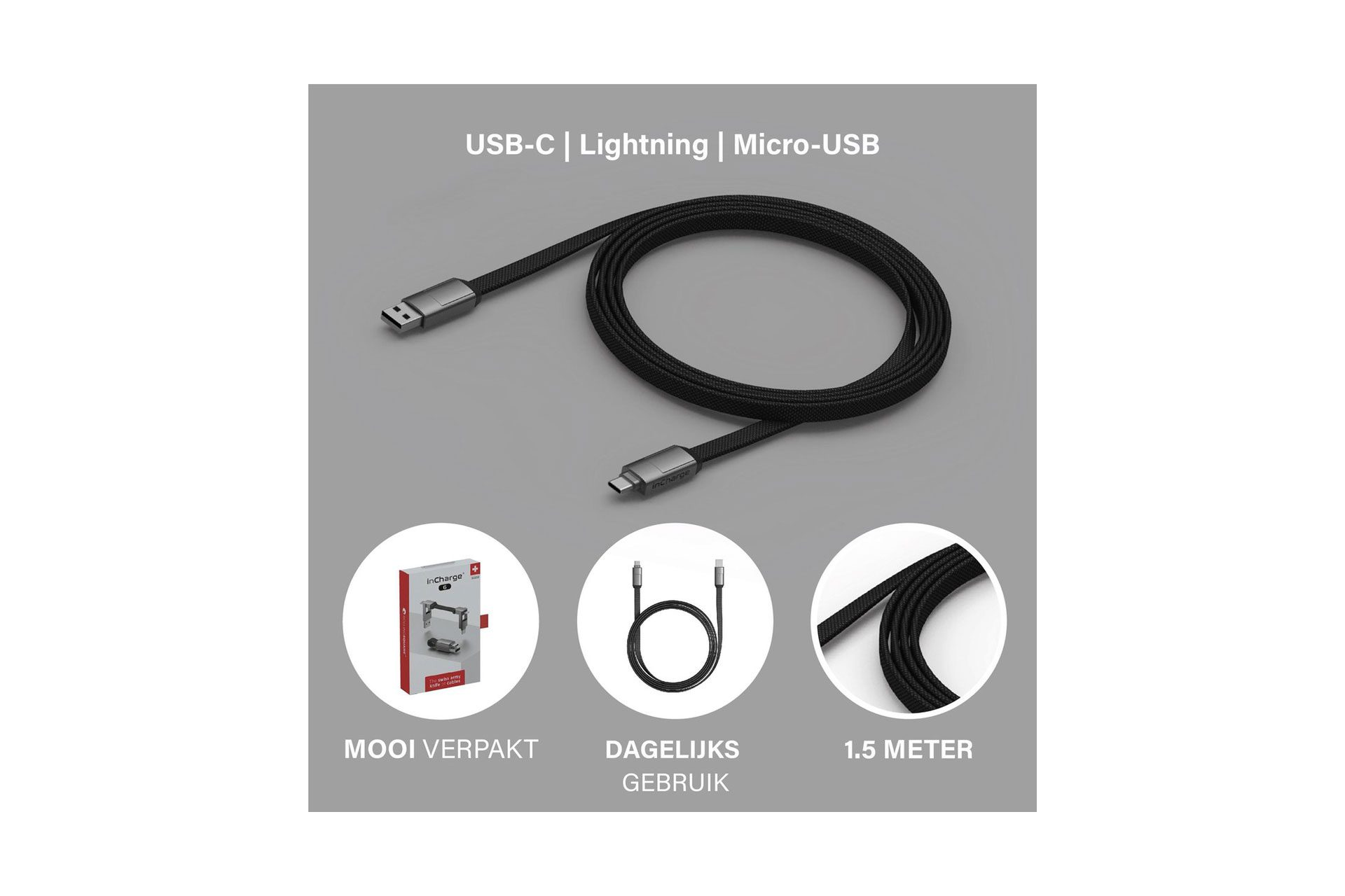 USB-C-, Lightning- en Micro-USB-kabel met gedetailleerde close-up en verpakking, op een witte achtergrond.