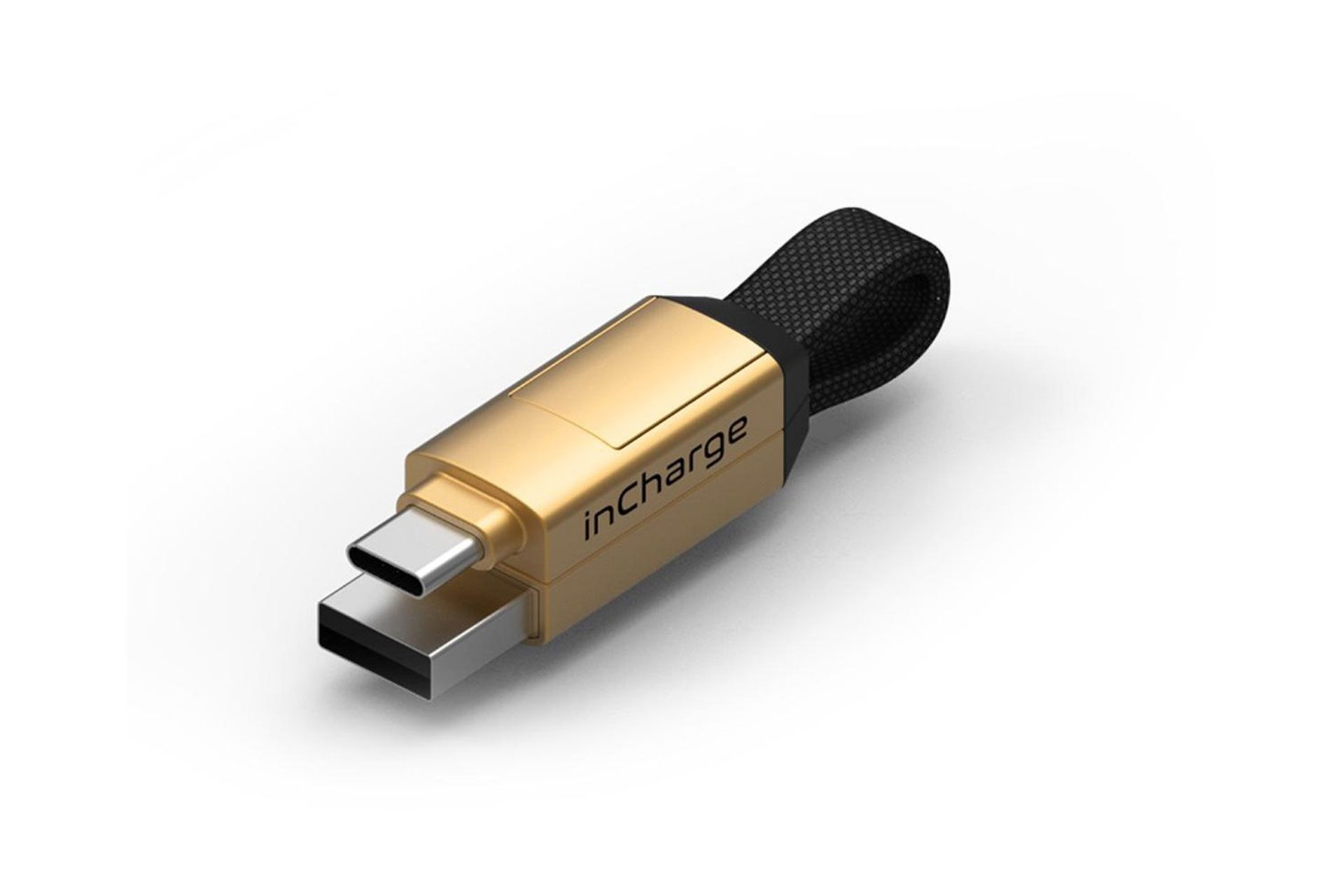 Goud-zwarte inCharge oplaadkabel. USB-C- en USB-A-connectoren.