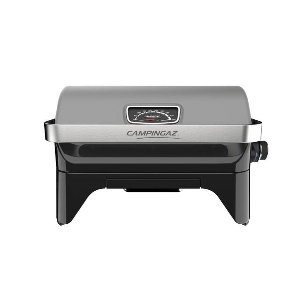Ein grau-schwarzer Grill mit geschlossenem Deckel auf weißem Hintergrund. Er hat ein Temperaturmessgerät.