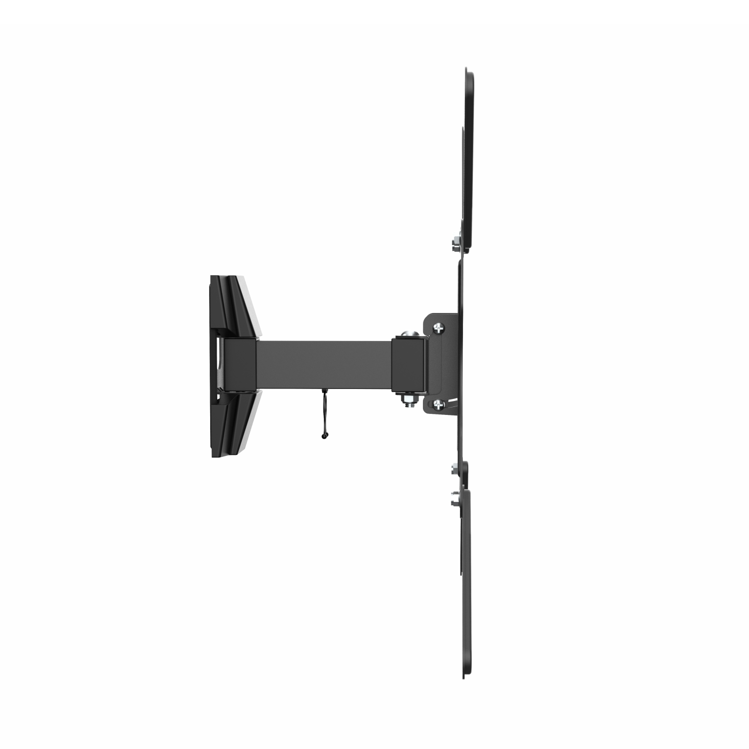 Un supporto a parete nero per una TV. È montato su un muro bianco.