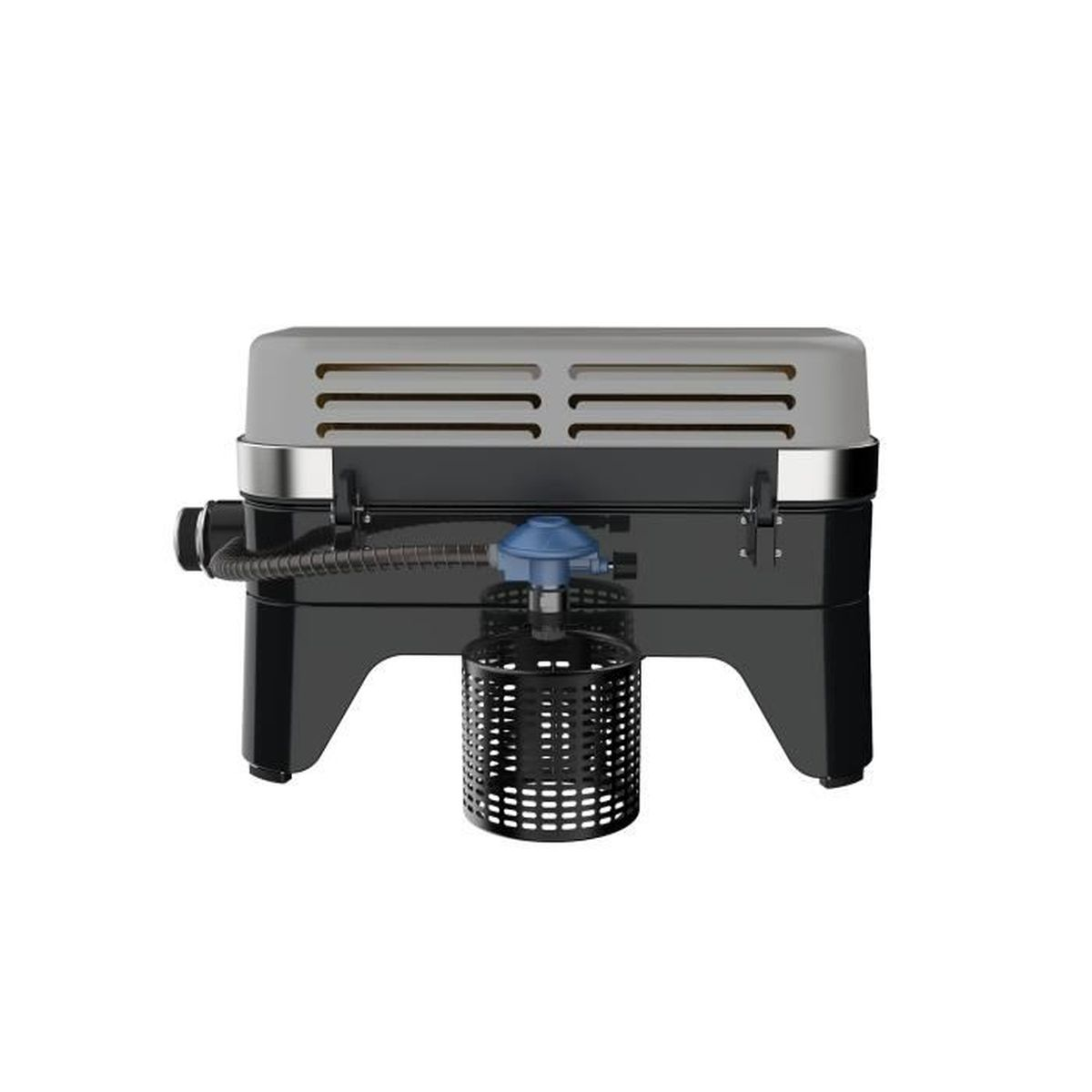 Ein kleiner, tragbarer Grill in Schwarz und Grau mit grauem Deckel und schwarzem Grill darunter.