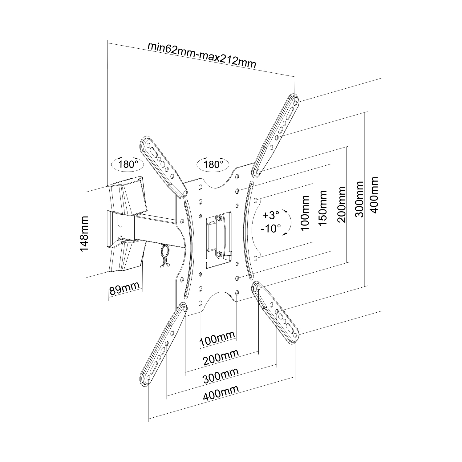 Diagrama de un soporte de pared para TV, se muestran medidas y ángulos.