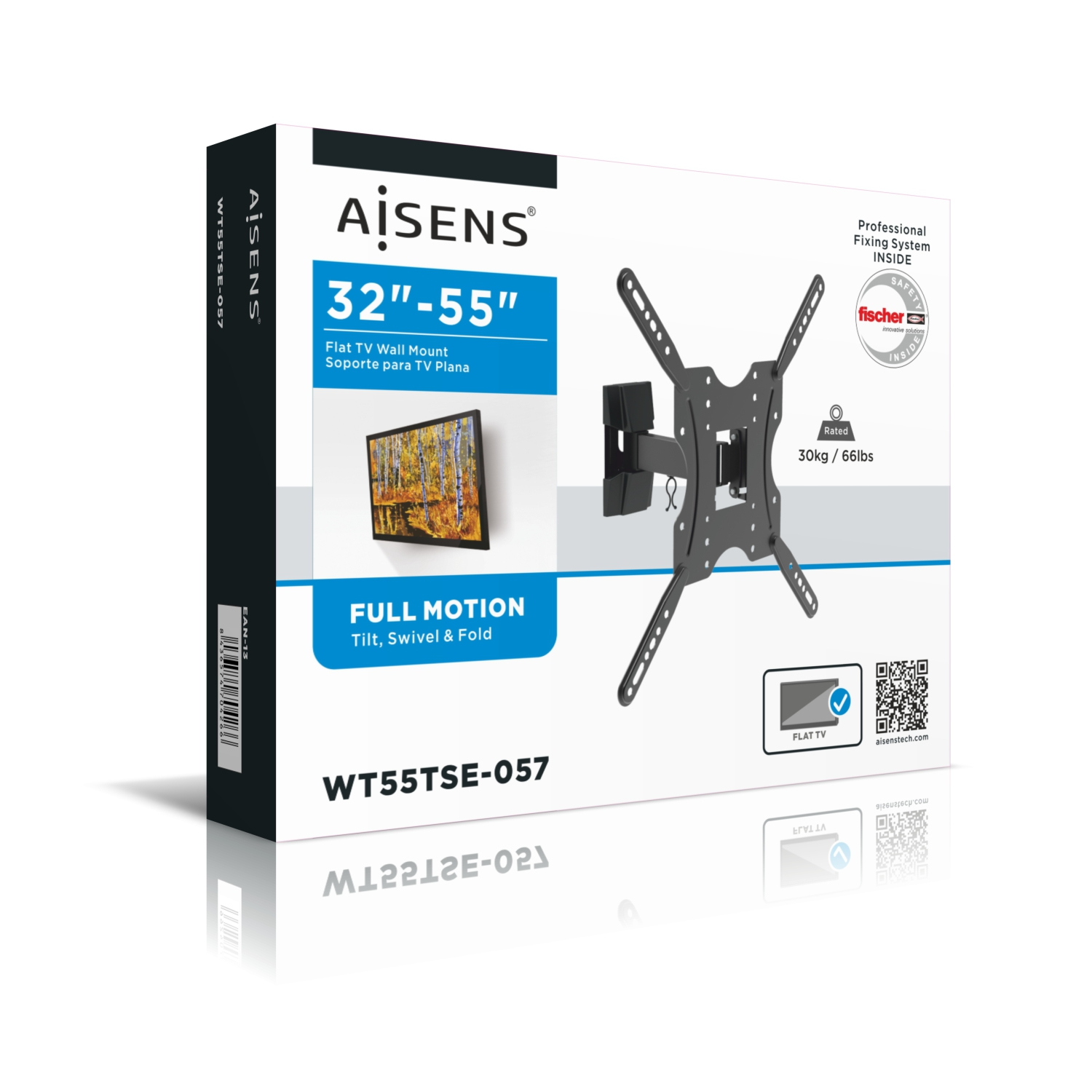 Caja para un soporte de pared para TV plano, negro y blanco, con detalles del producto e imagen.