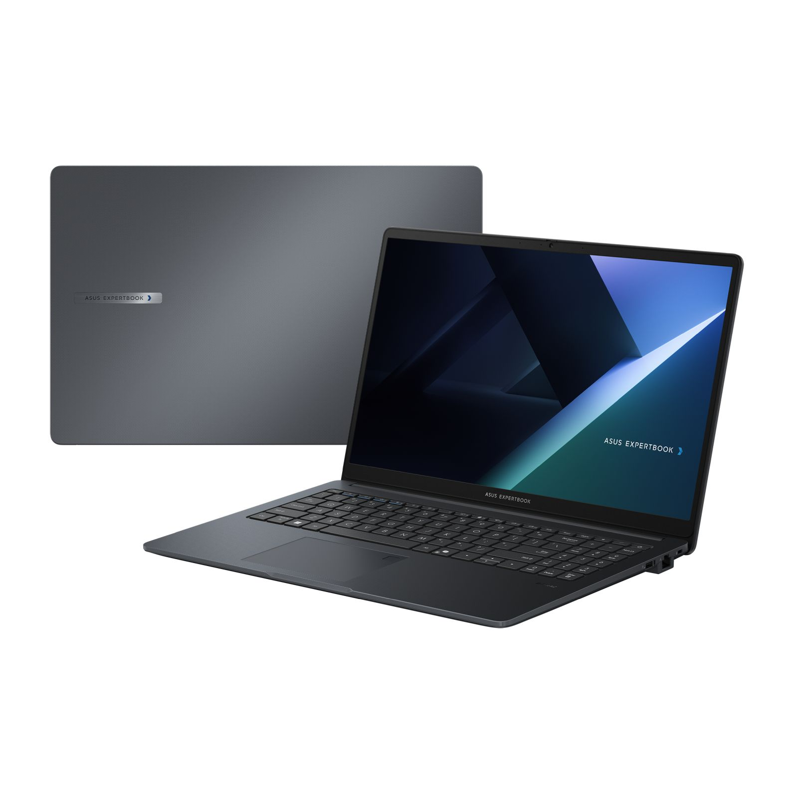 Laptop z szarą pokrywą i czarną klawiaturą na białym tle. Widoczne jest logo ASUS ExpertBook.