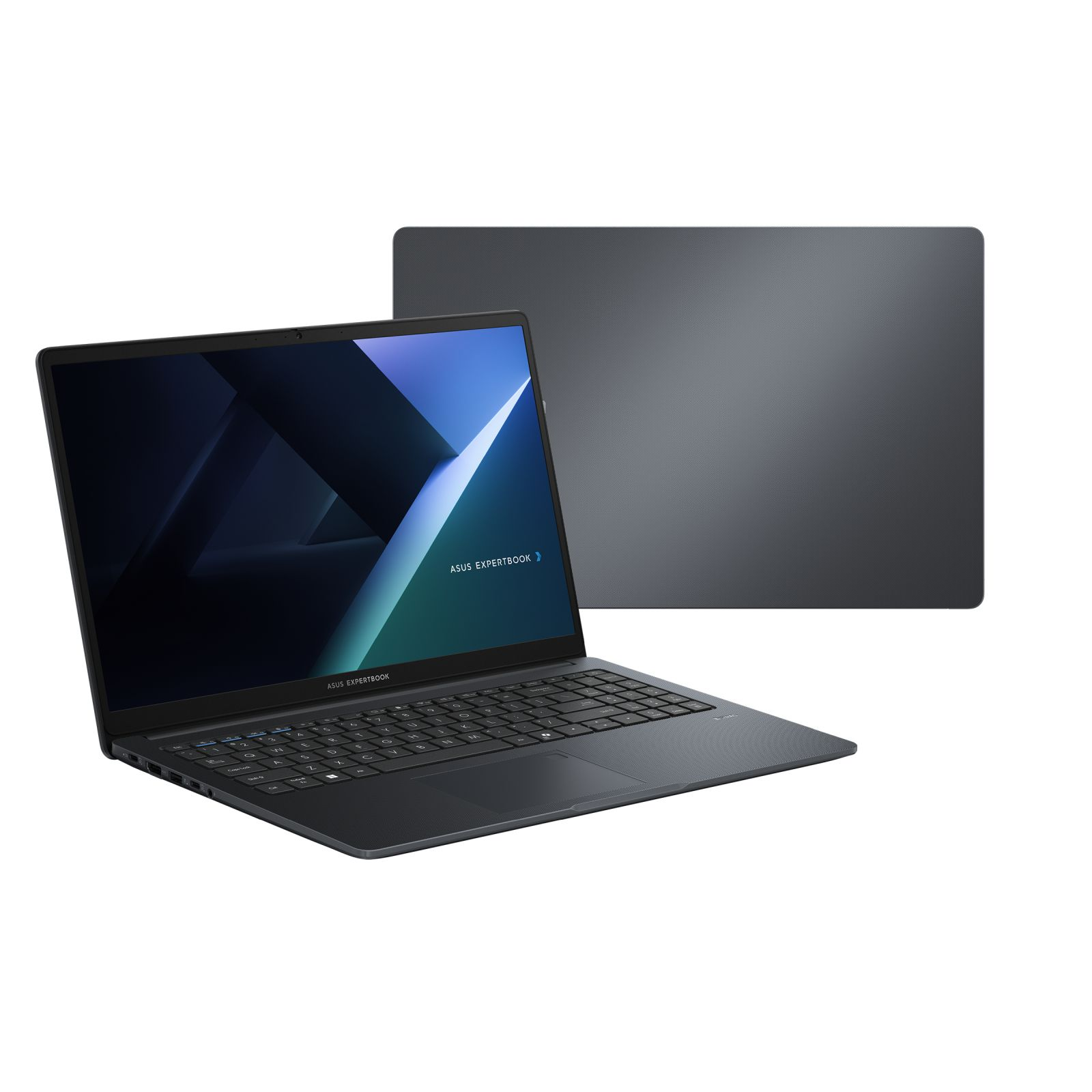 Ciemnoszary laptop z otwartym ekranem, pokazujący logo ASUS Expertbook.