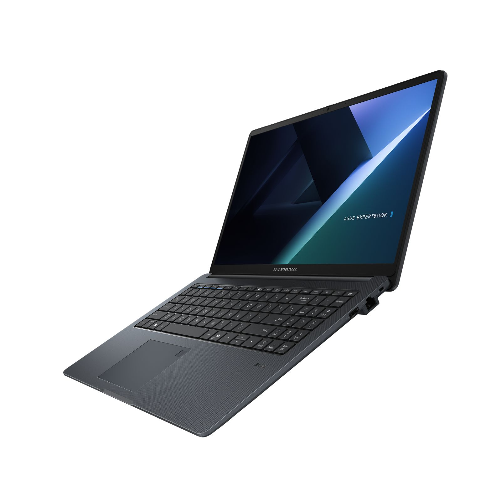 Laptop ASUS Expertbook, widok pod kątem. Ciemnoszara obudowa, czarna klawiatura i otwarty ekran z interfejsem użytkownika.
