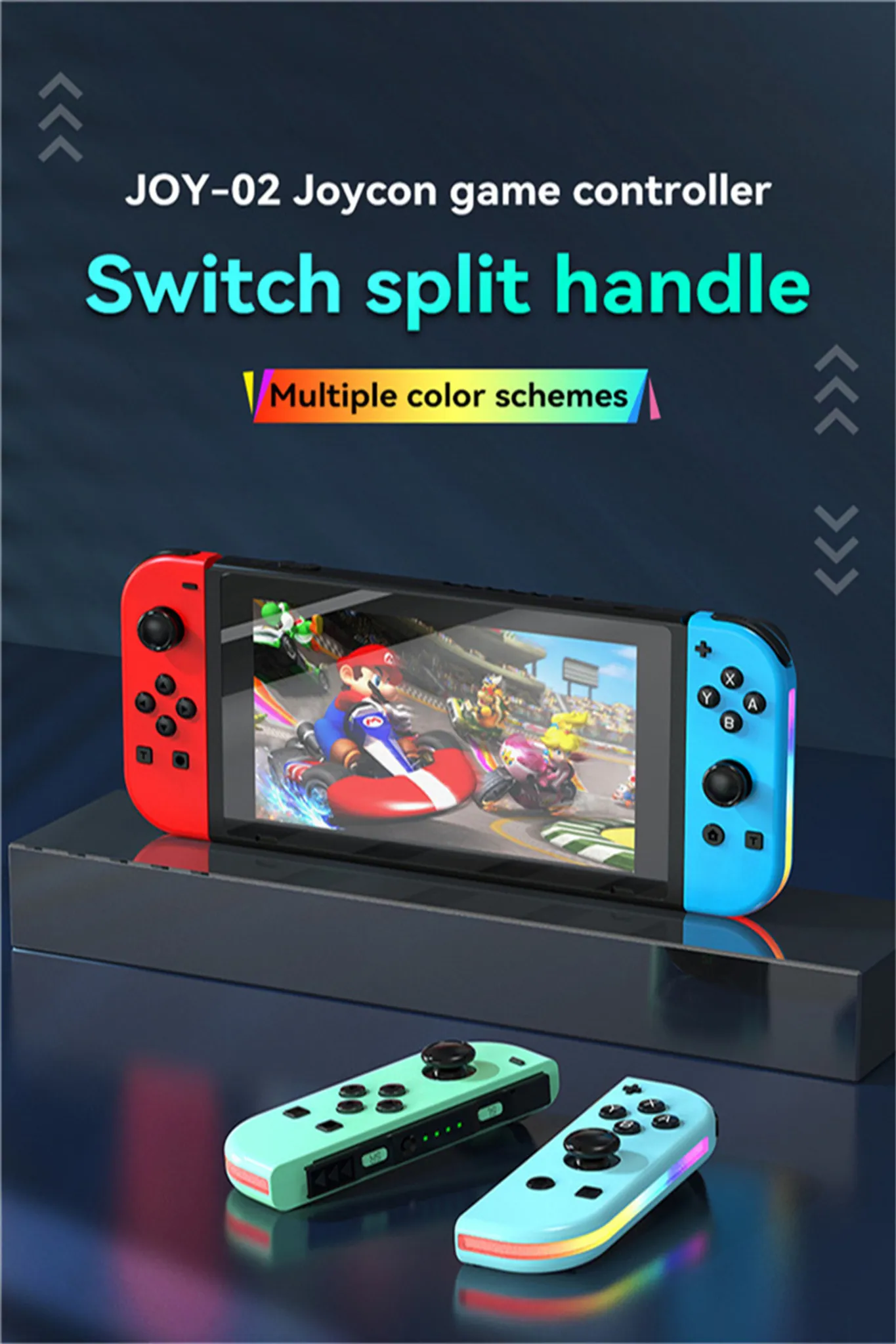 Nintendo Switch Joycon-Spielcontroller. Der Bildschirm zeigt ein Videospiel. Rote und blaue Controller sind abgebildet.