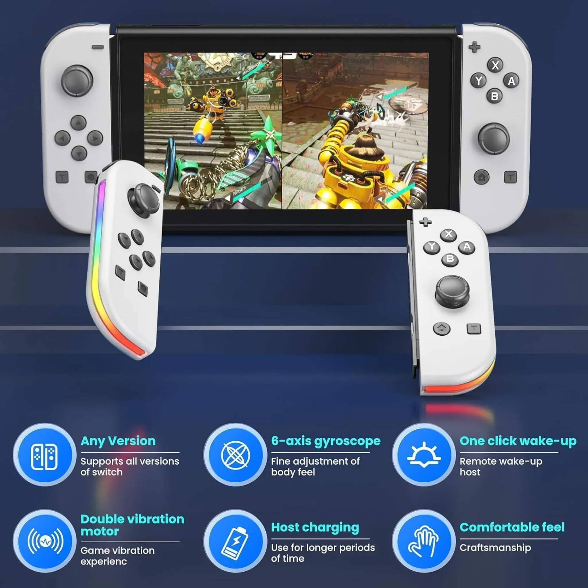 Weiße Nintendo Switch-Konsole mit abgenommenen Controllern. Spiel wird auf dem Bildschirm angezeigt. Symbole der Funktionen sind unten.