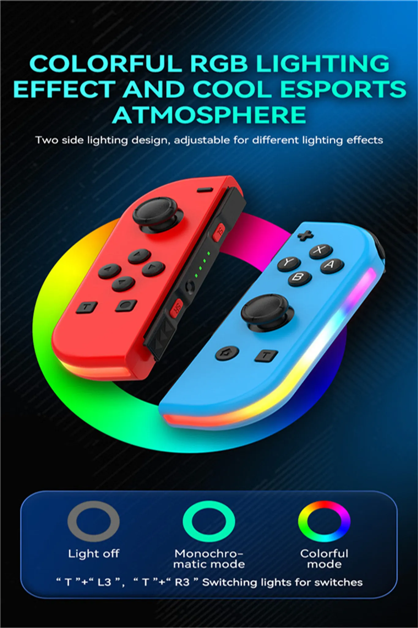 Zwei Gamecontroller, einer rot, einer blau, mit bunten Lichtern. Tasten sind abgebildet.