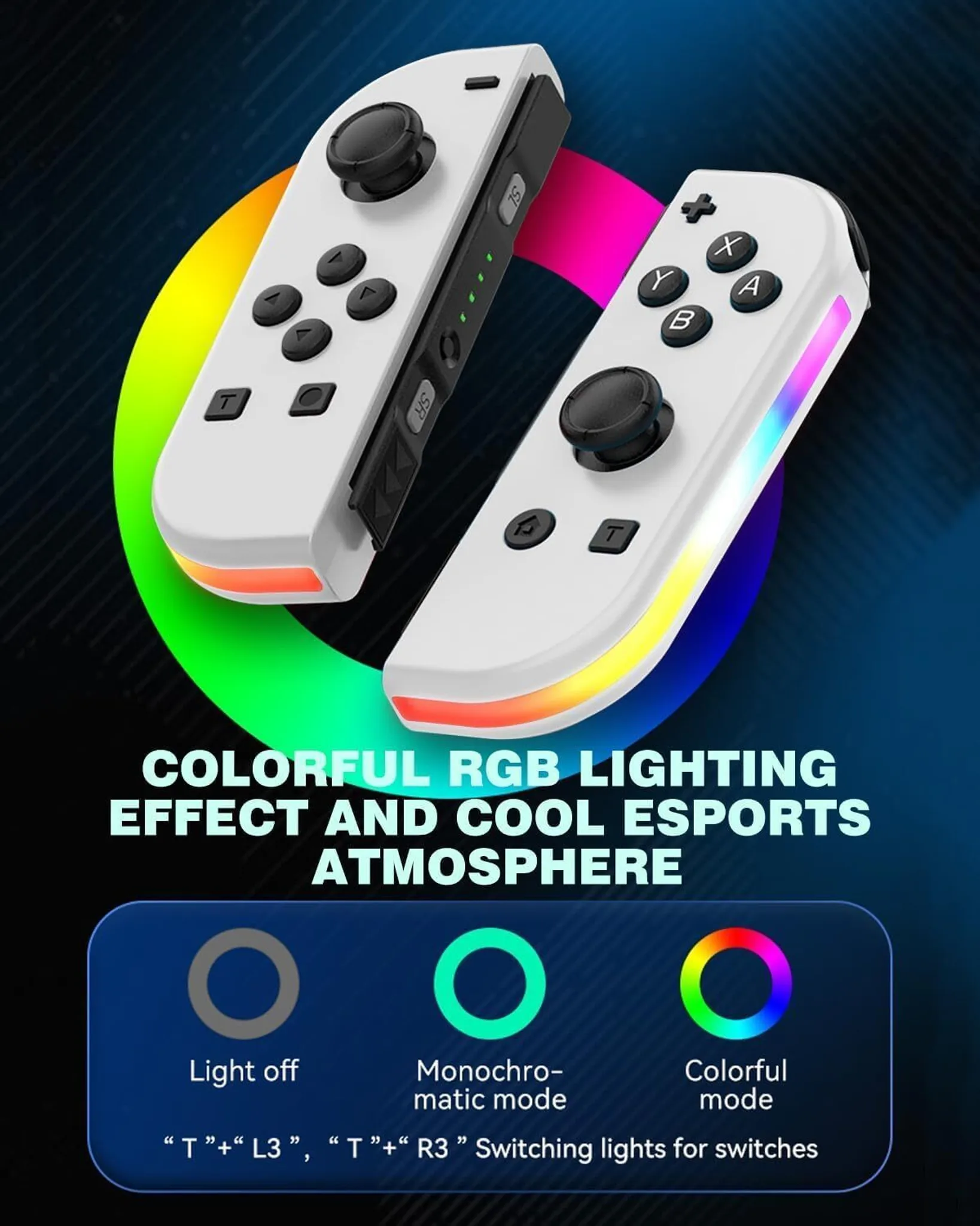 Weiße Gamecontroller mit RGB-Beleuchtung und Optionen für Lichtmodi.