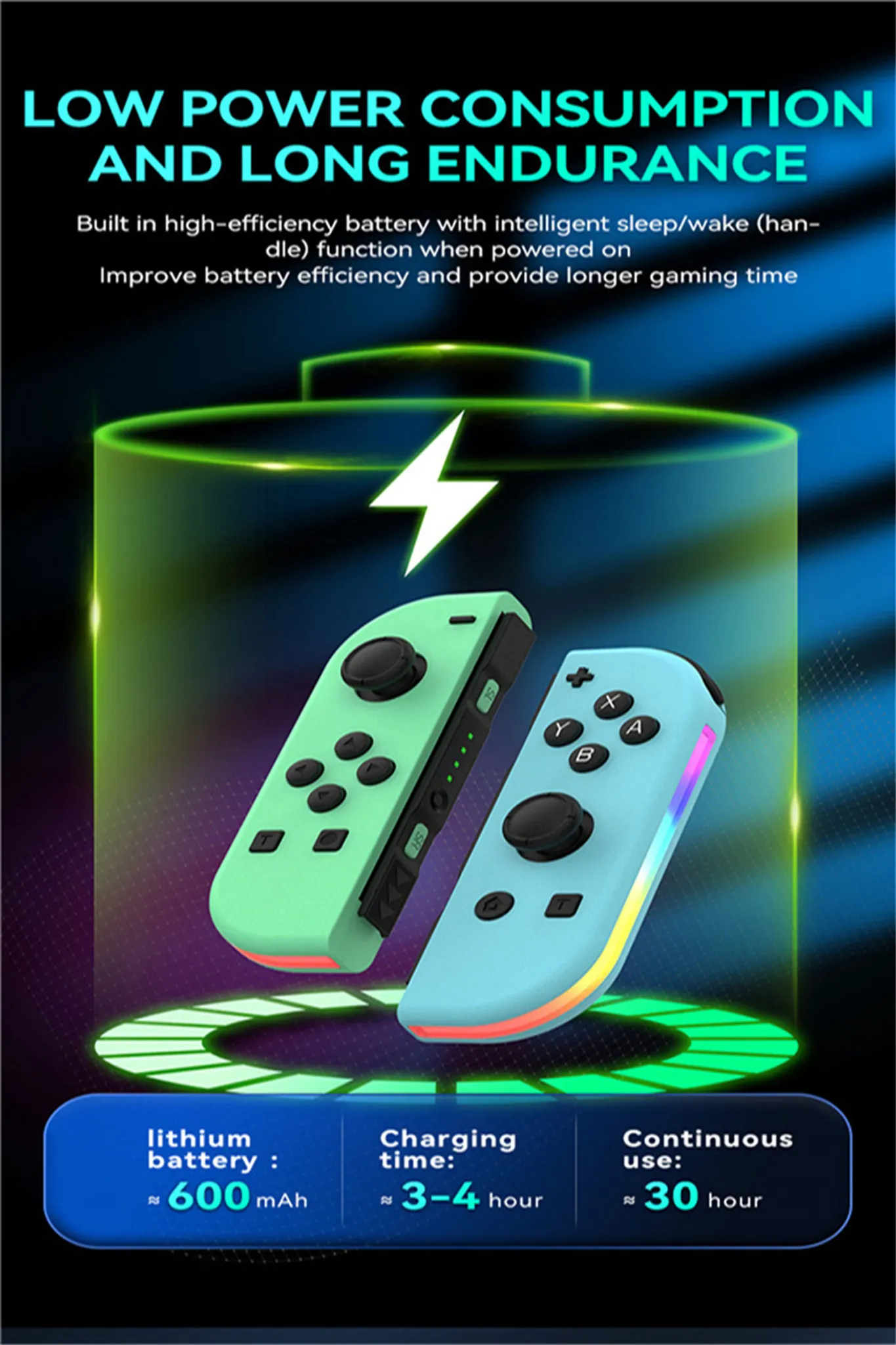 Gaming-Controller. Grüne und blaue Controller mit Batterie- und Ladezeitangaben. Schwarzer Hintergrund.