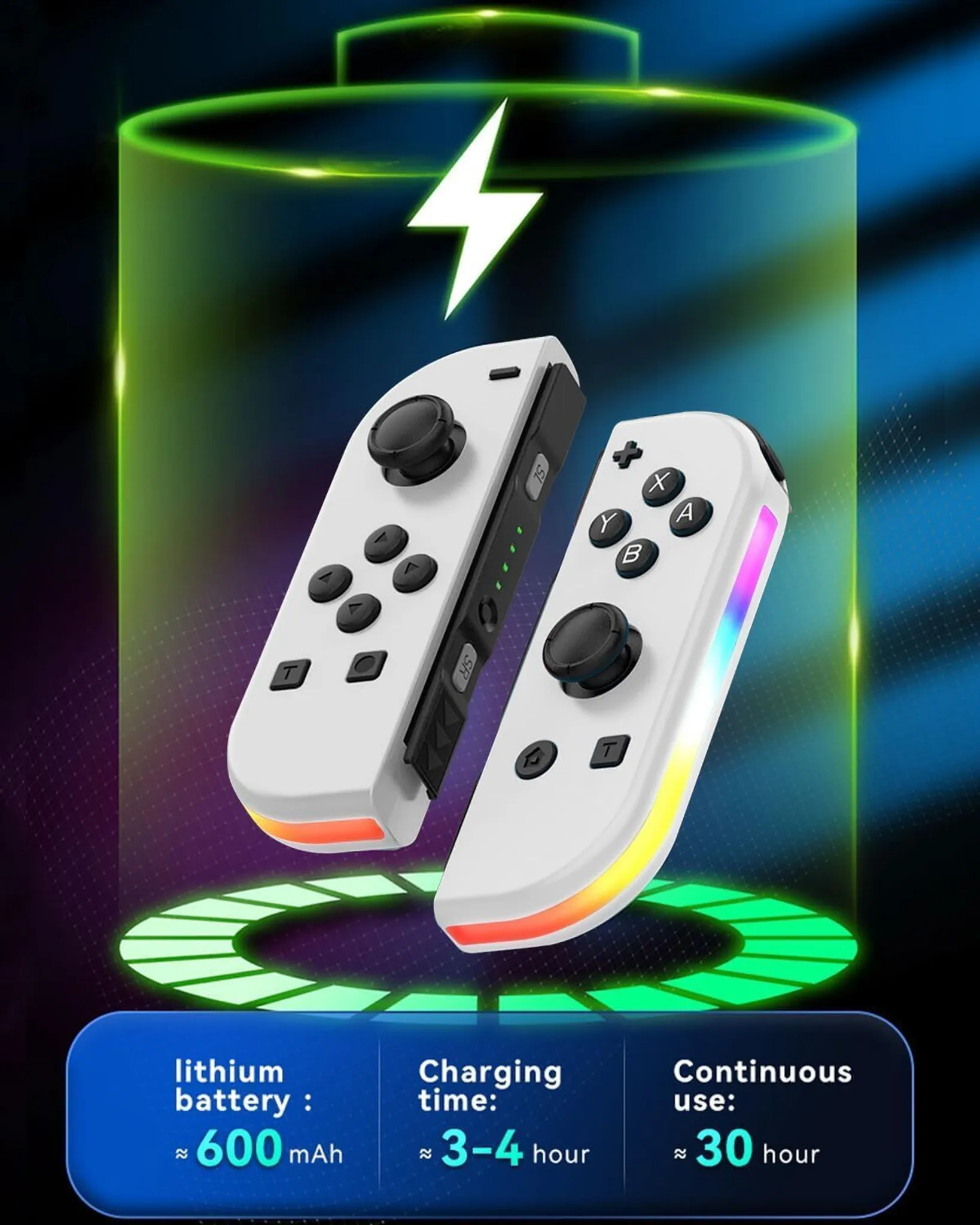 Weiße Gamecontroller mit bunten Lichtern. Die Ladezeit beträgt 3-4 Stunden. Dauerbetrieb 30 Stunden.