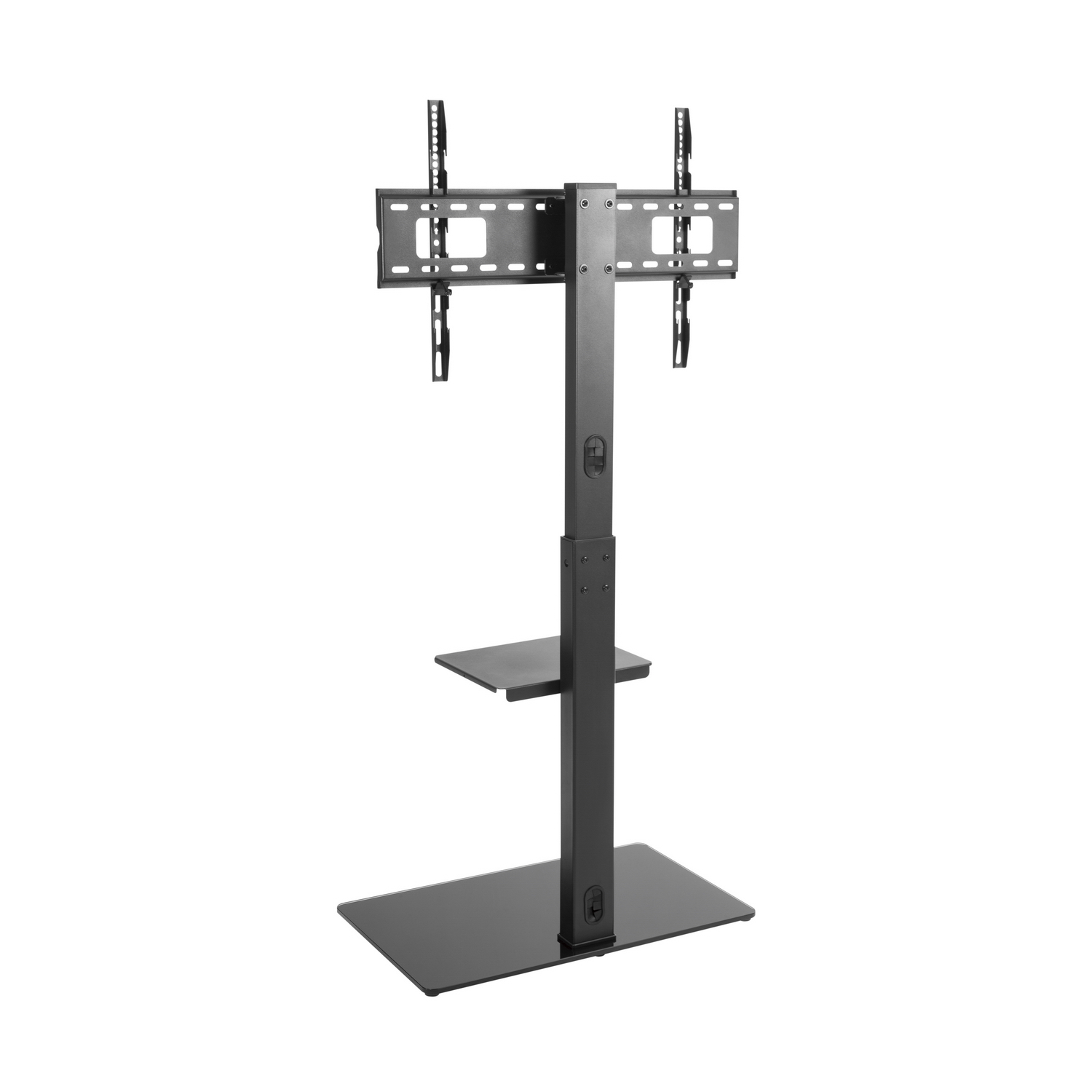 Supporto TV nero con base piatta e palo verticale. Ha un ripiano e un supporto TV.