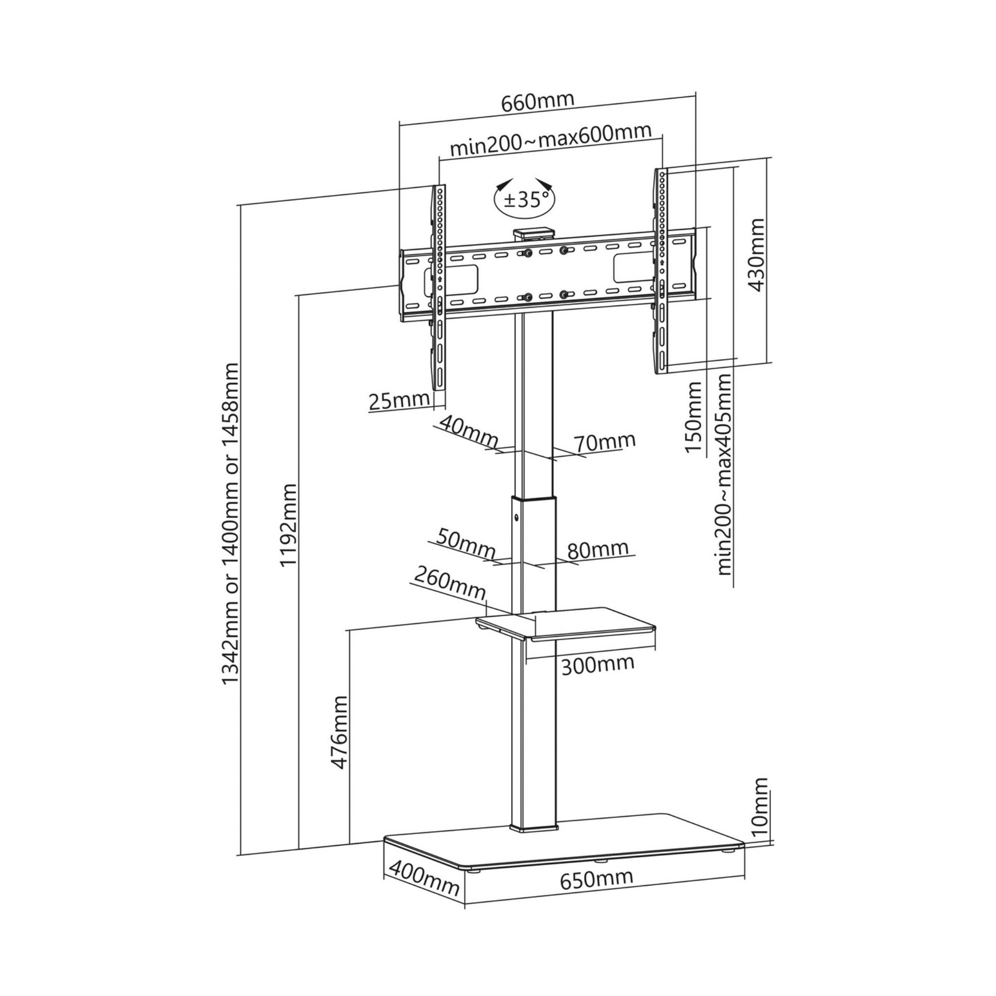 Diagramma di un supporto TV con misure in mm.